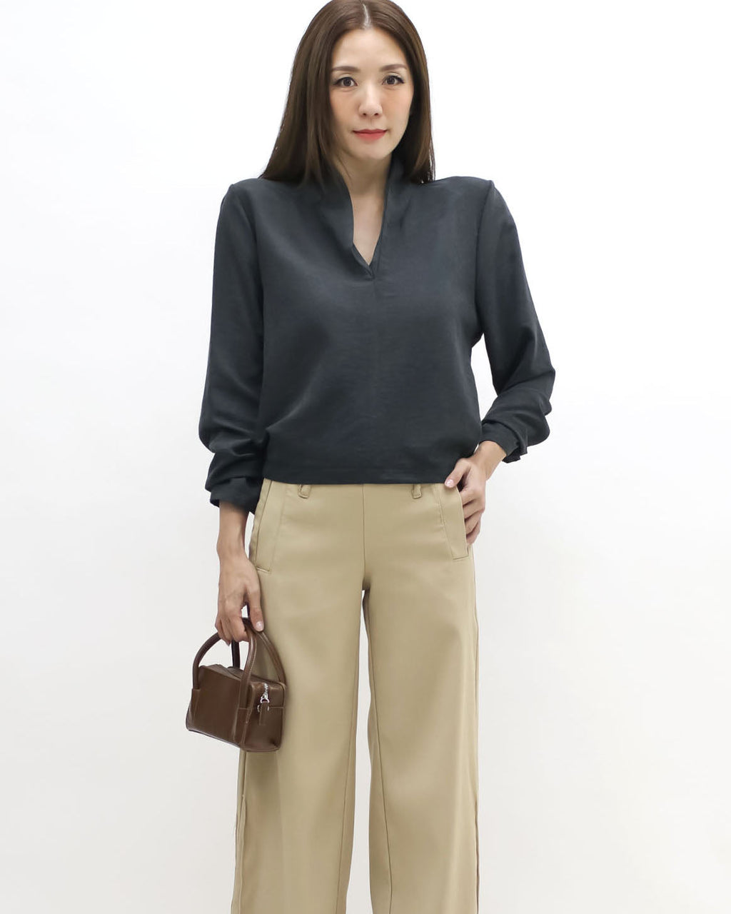 charcoal grey V neck top