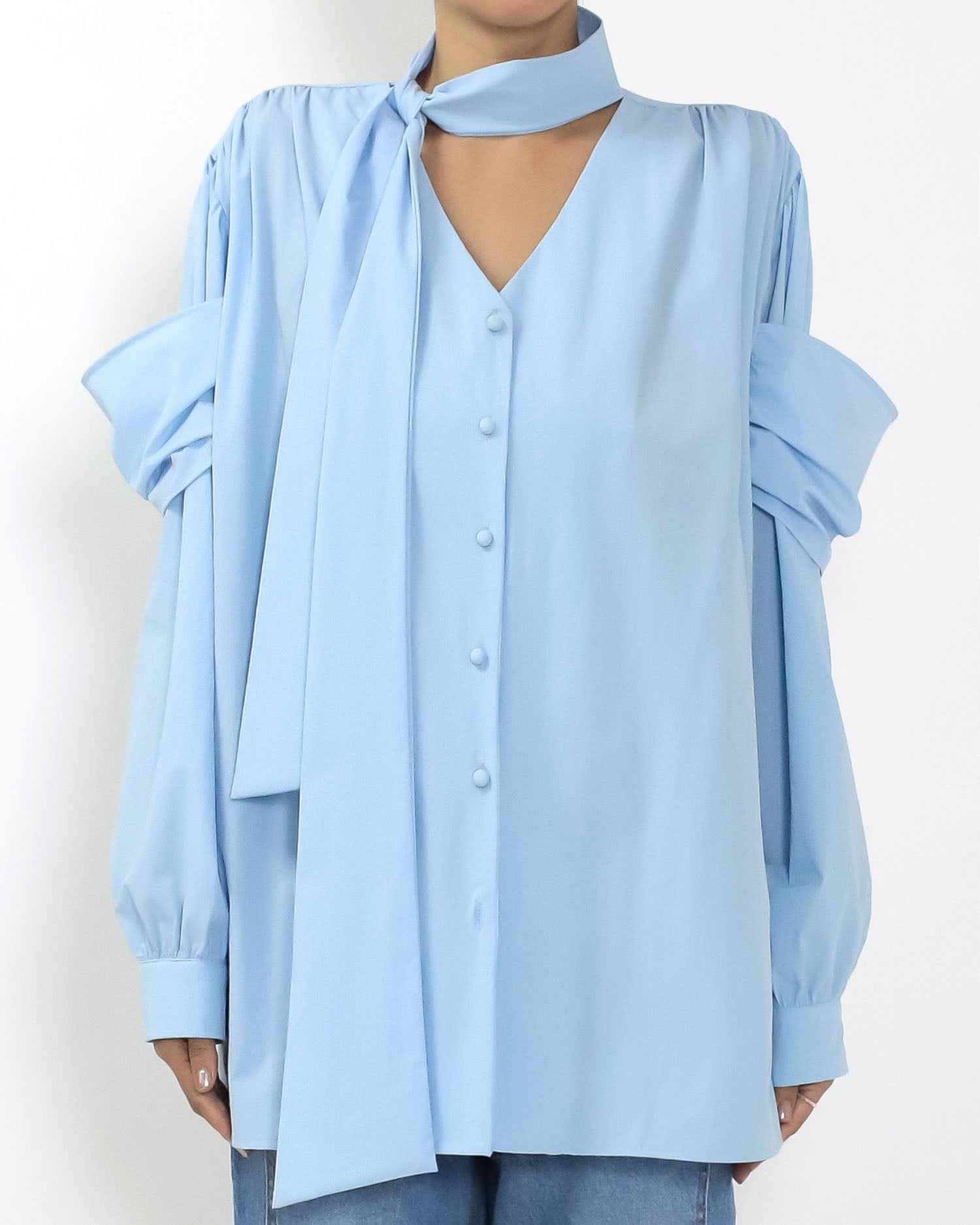 blue sleeves details w/ wrap neckline slinky shirt