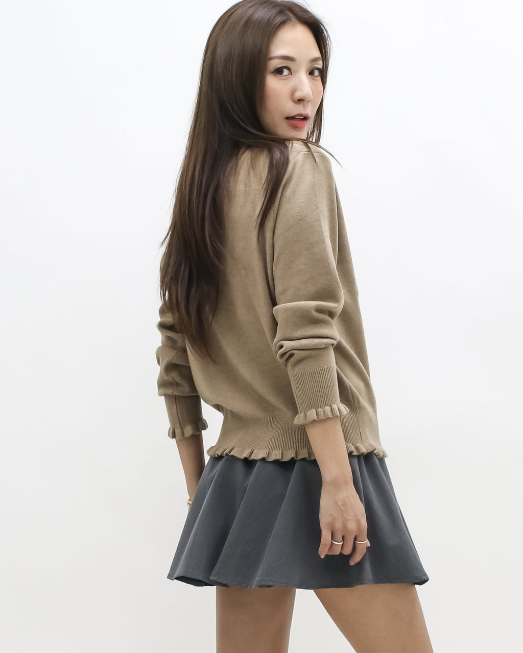 beige ruffles hem w/ embroidered front knitted cardigan *pre-order*