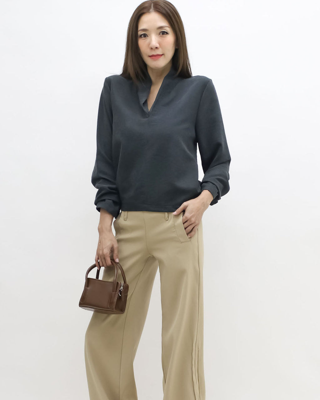 charcoal grey V neck top