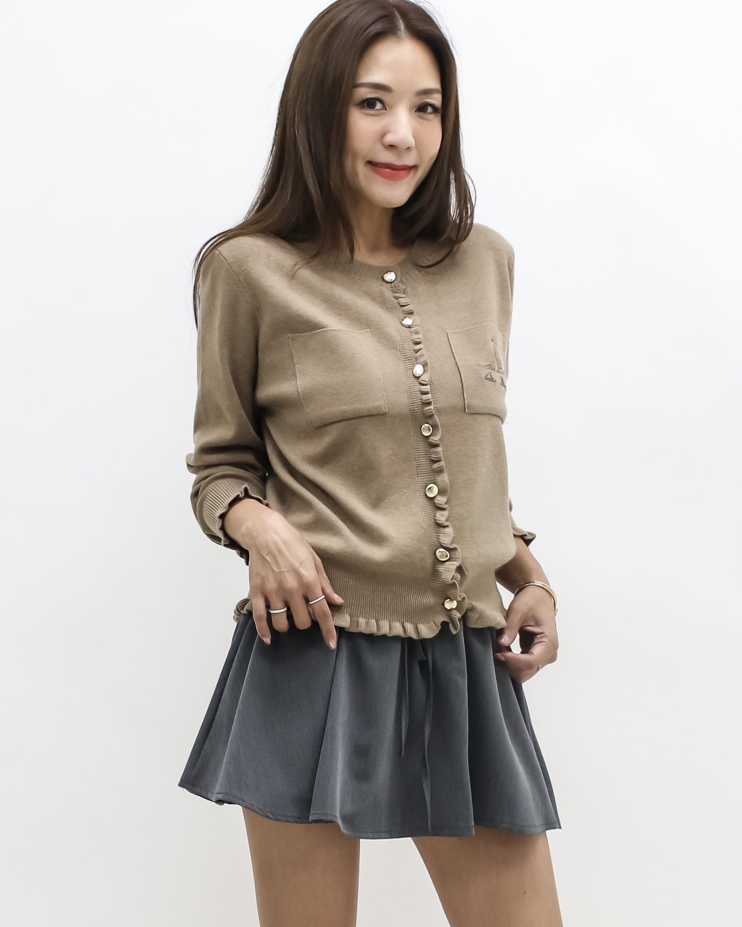 beige ruffles hem w/ embroidered front knitted cardigan *pre-order*