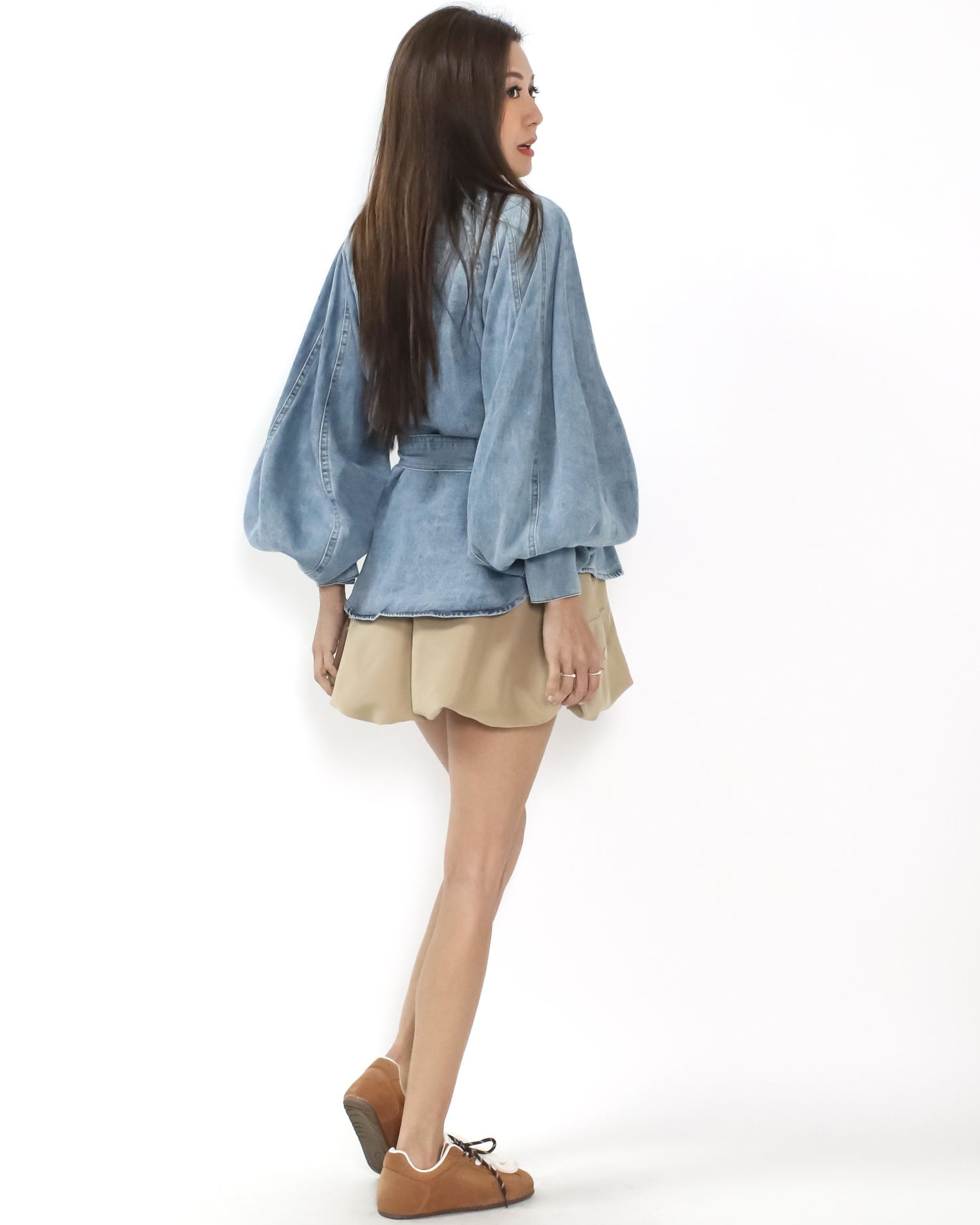 blue denim puff sleeves w/ wrap belt shirt *pre-order*