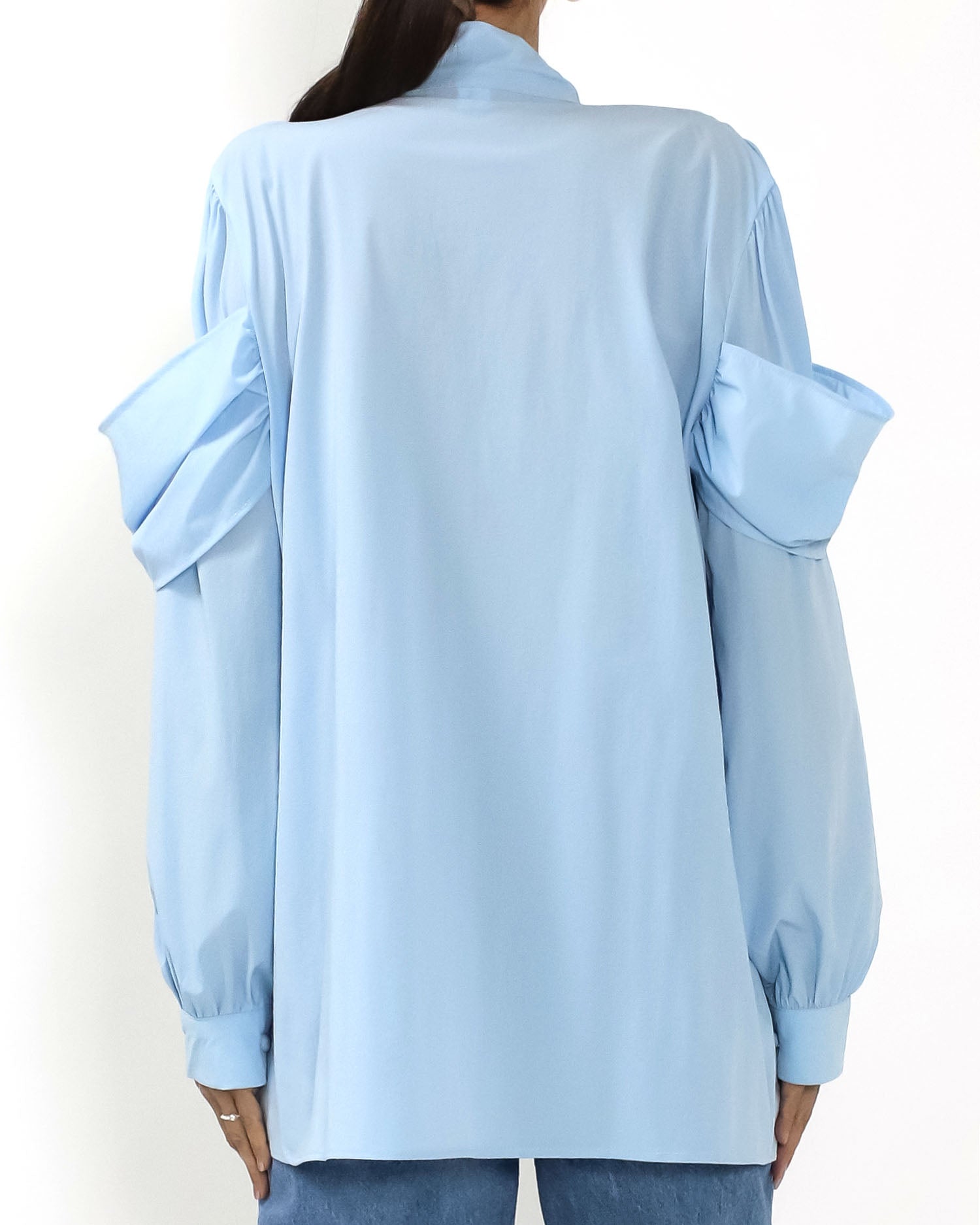 blue sleeves details w/ wrap neckline slinky shirt