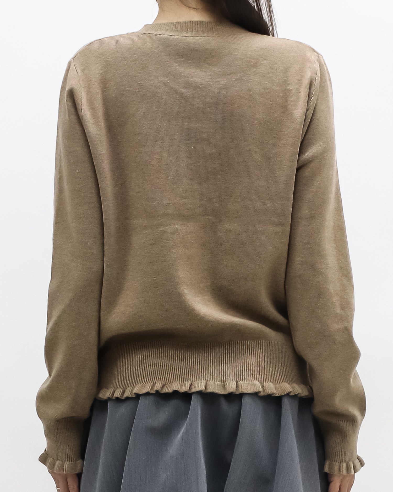 beige ruffles hem w/ embroidered front knitted cardigan *pre-order*