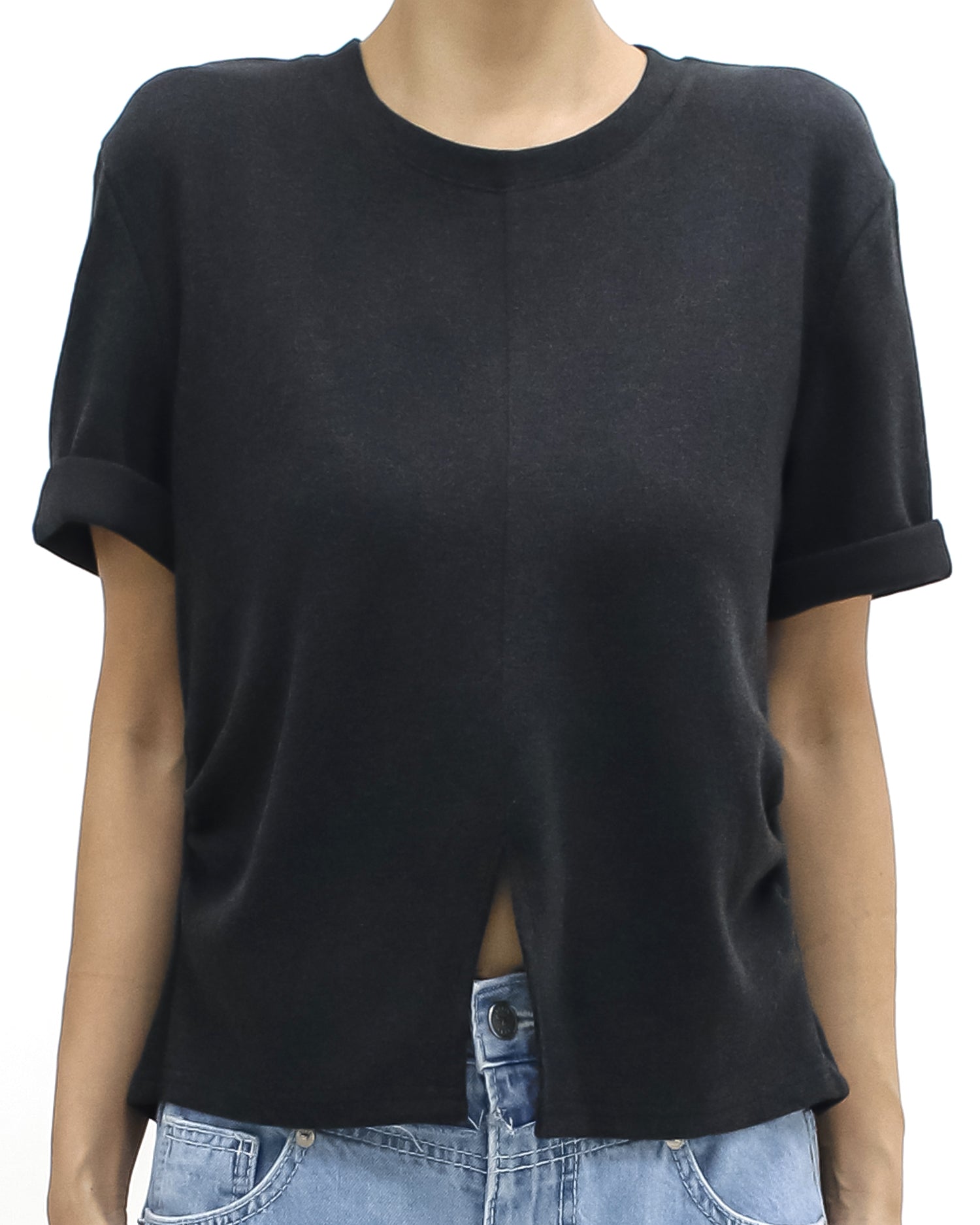 grey split front roll sleeves brushed fabric tee