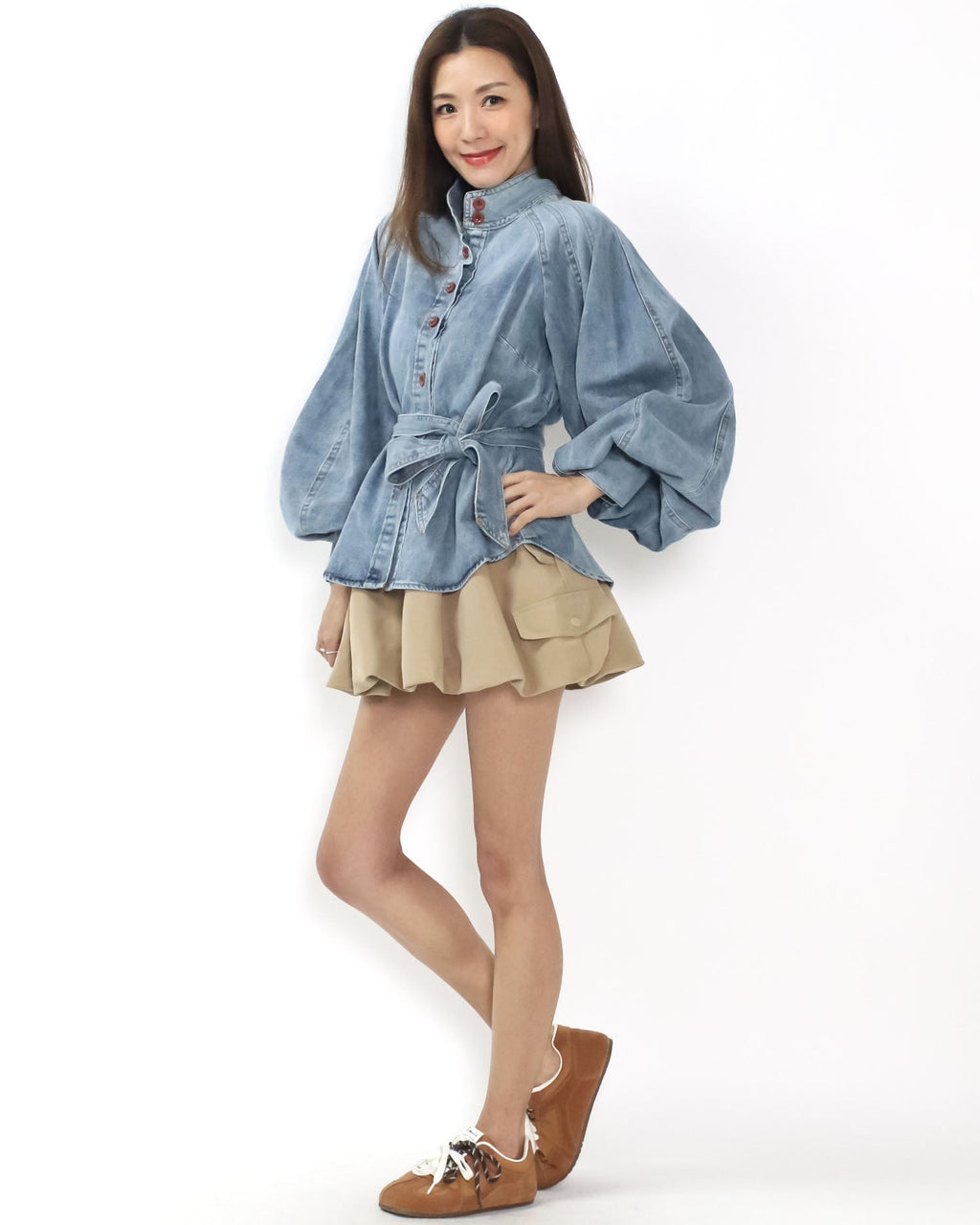 blue denim puff sleeves w/ wrap belt shirt *pre-order*