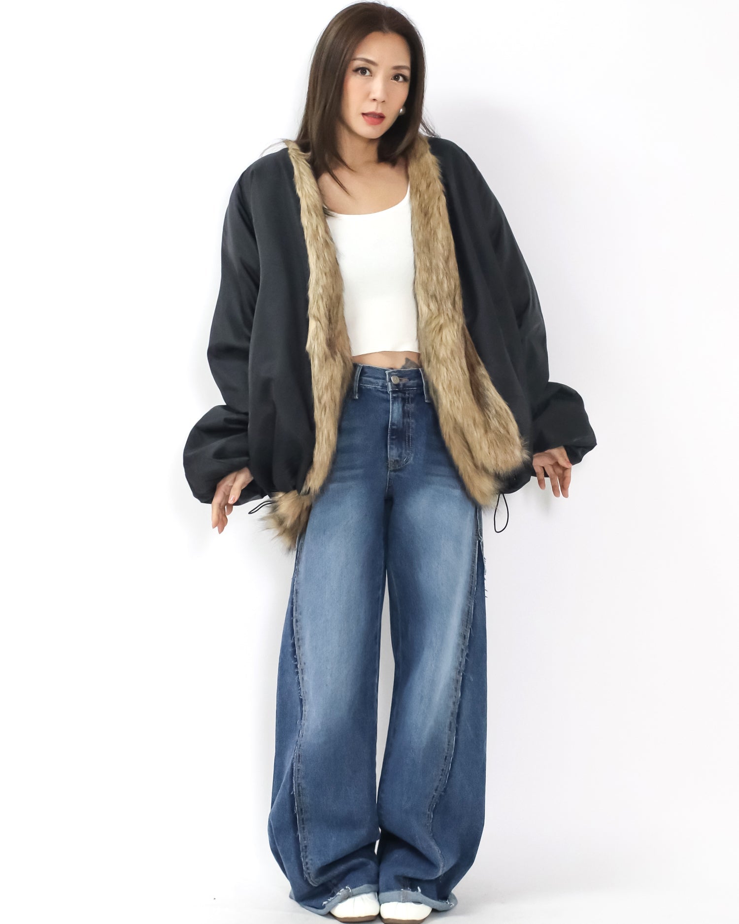 black tech w/ beige faux fur quilted jacket *pre-order