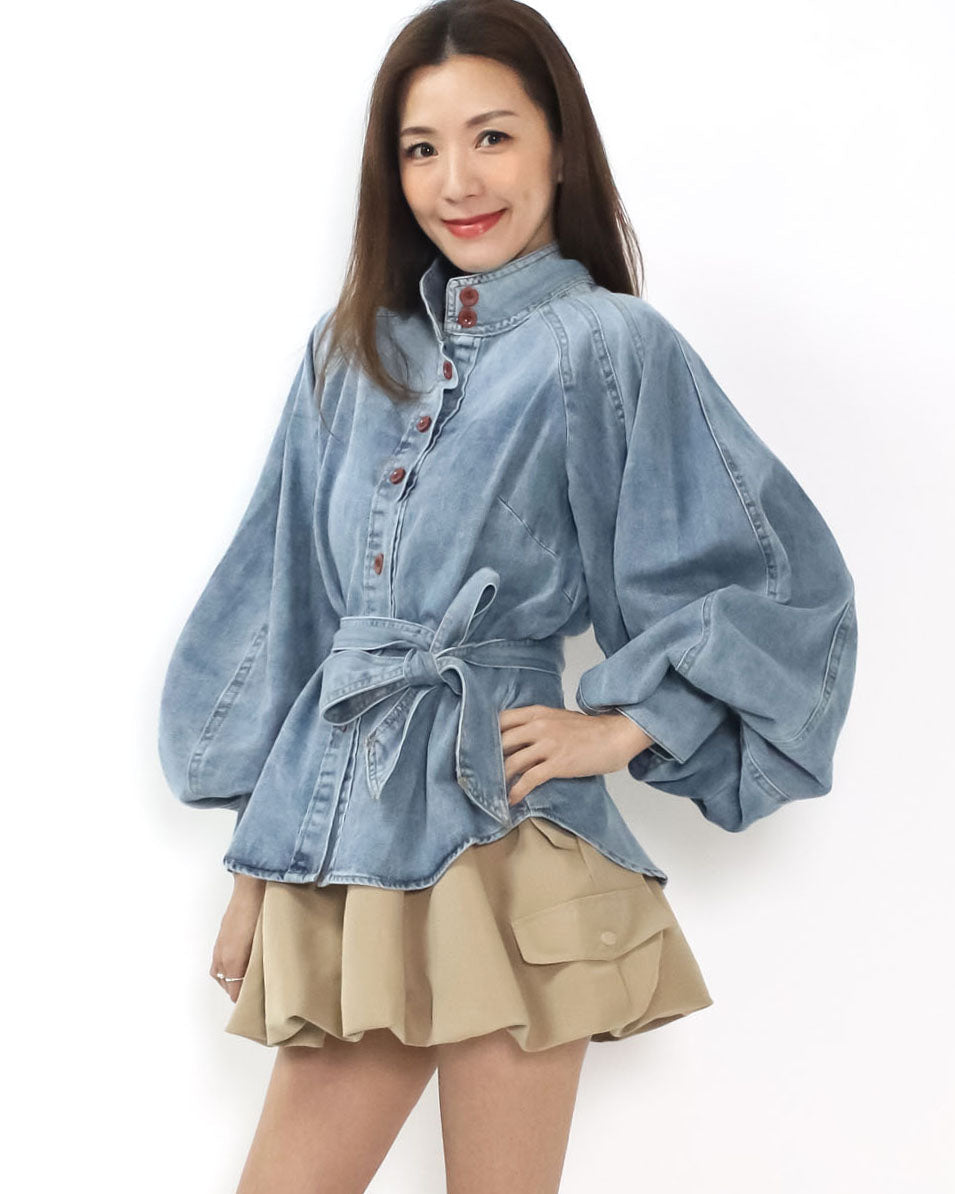 blue denim puff sleeves w/ wrap belt shirt *pre-order*