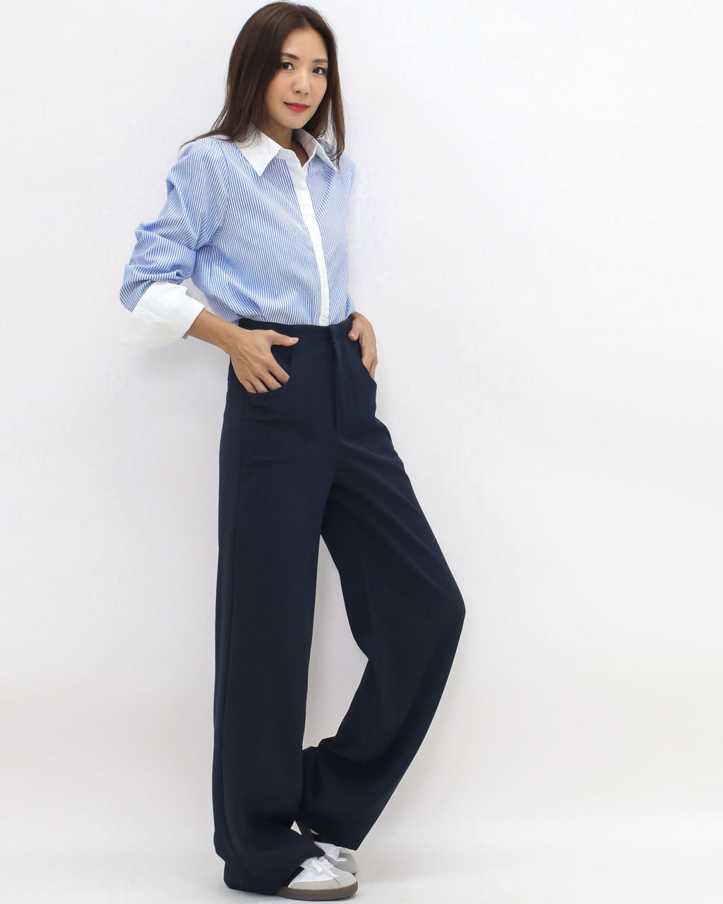 navy soft fabric high waist straight leg pants *pre-order*