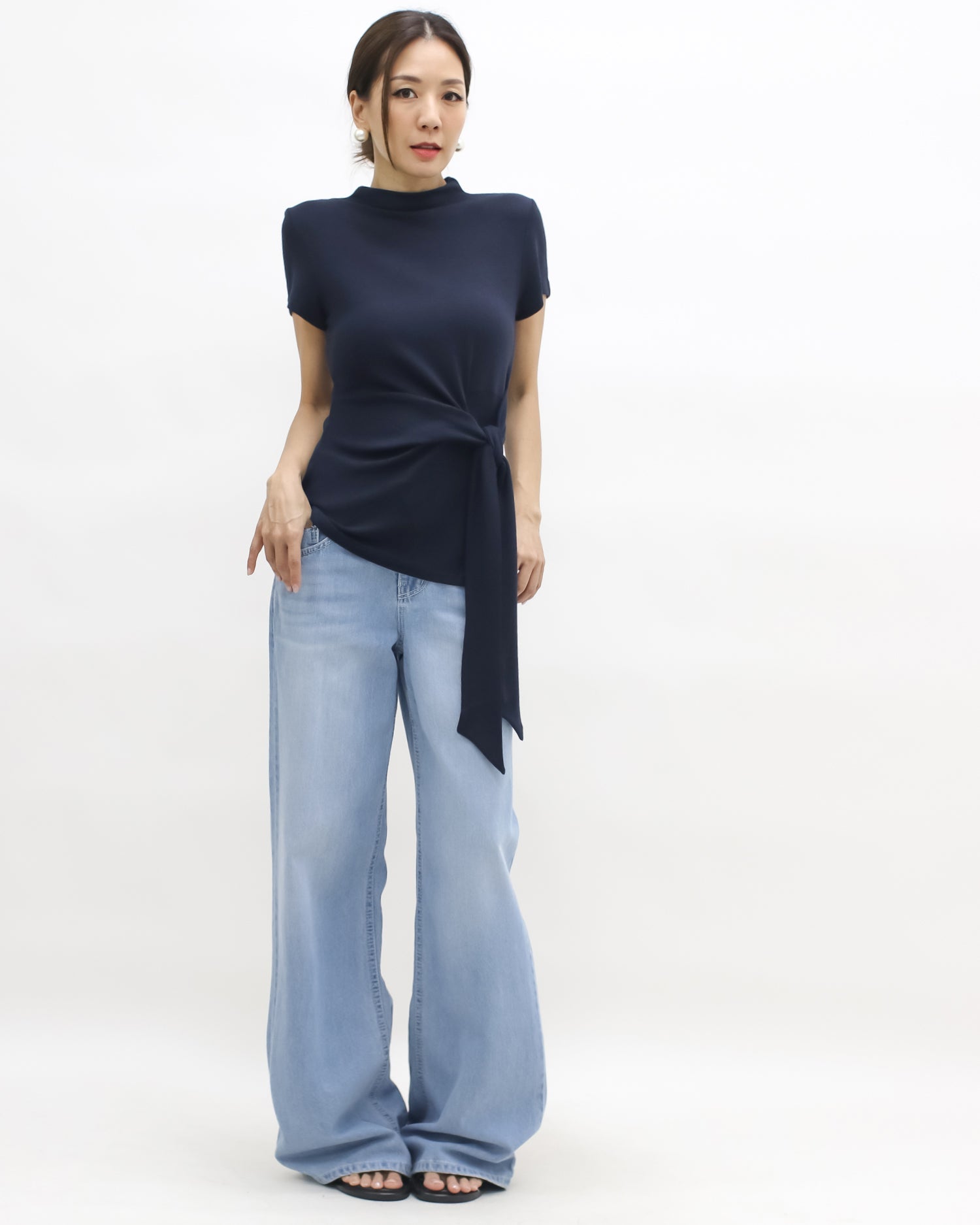 navy wrap front belt high neck knitted top