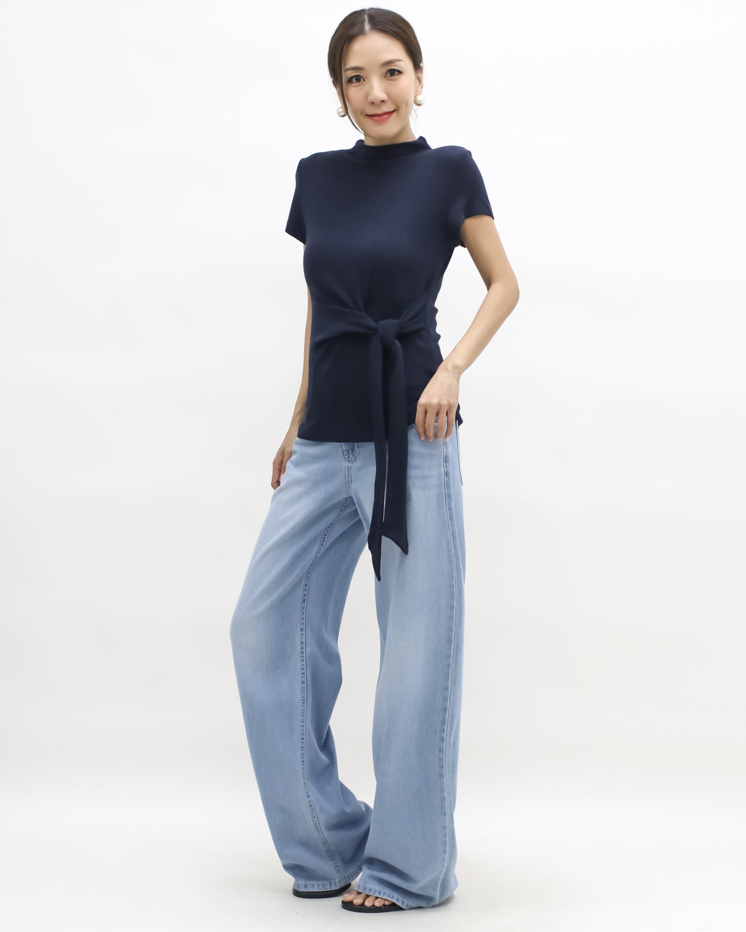navy wrap front belt high neck knitted top