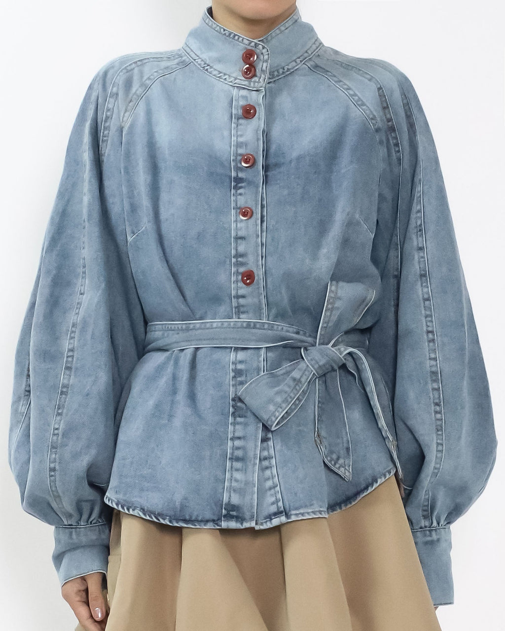 blue denim puff sleeves w/ wrap belt shirt *pre-order*