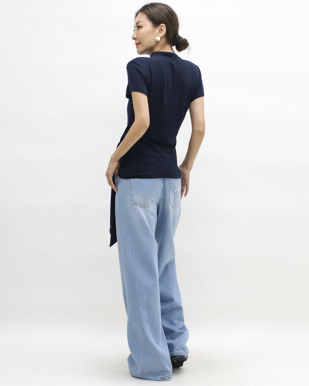 navy wrap front belt high neck knitted top