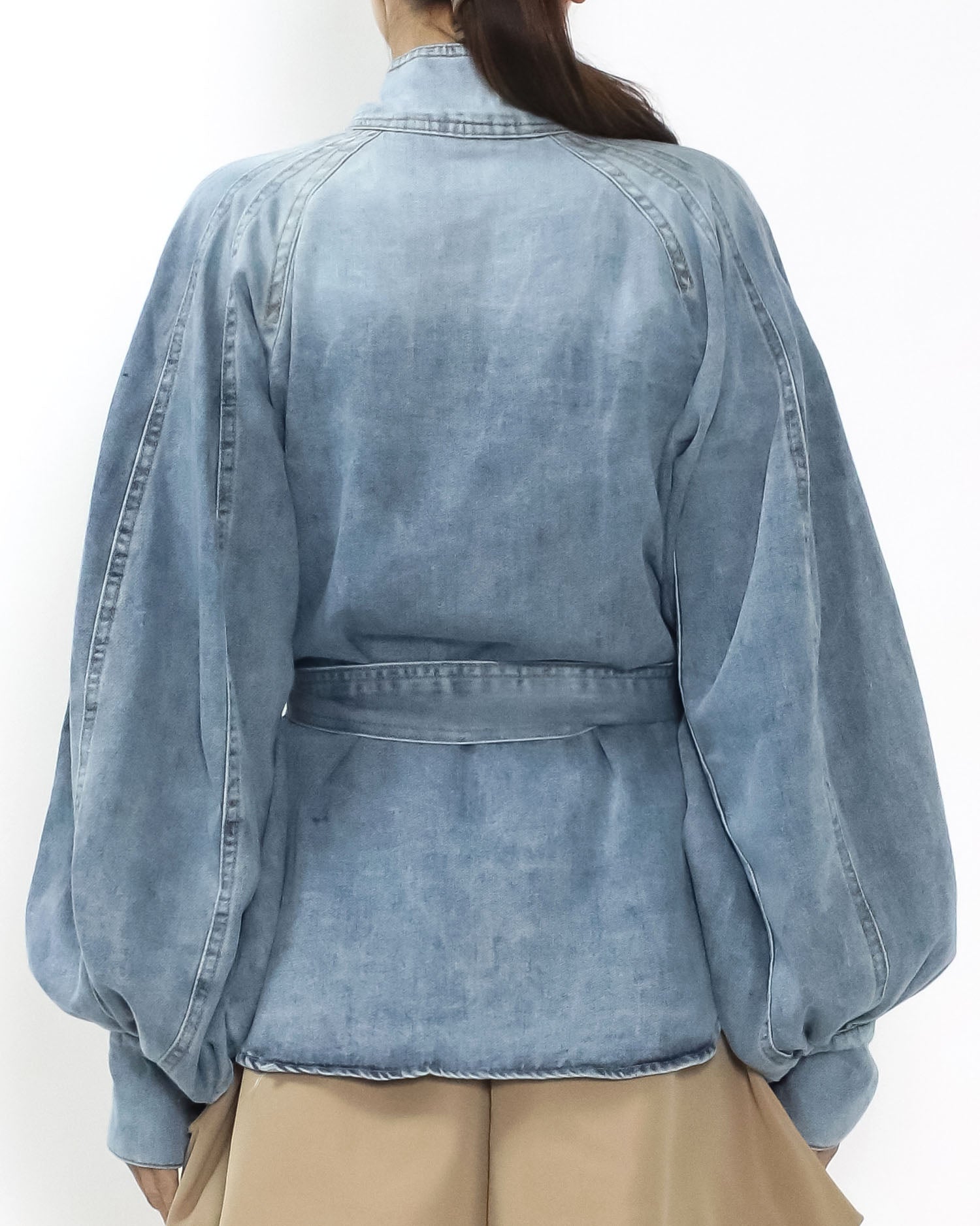 blue denim puff sleeves w/ wrap belt shirt *pre-order*