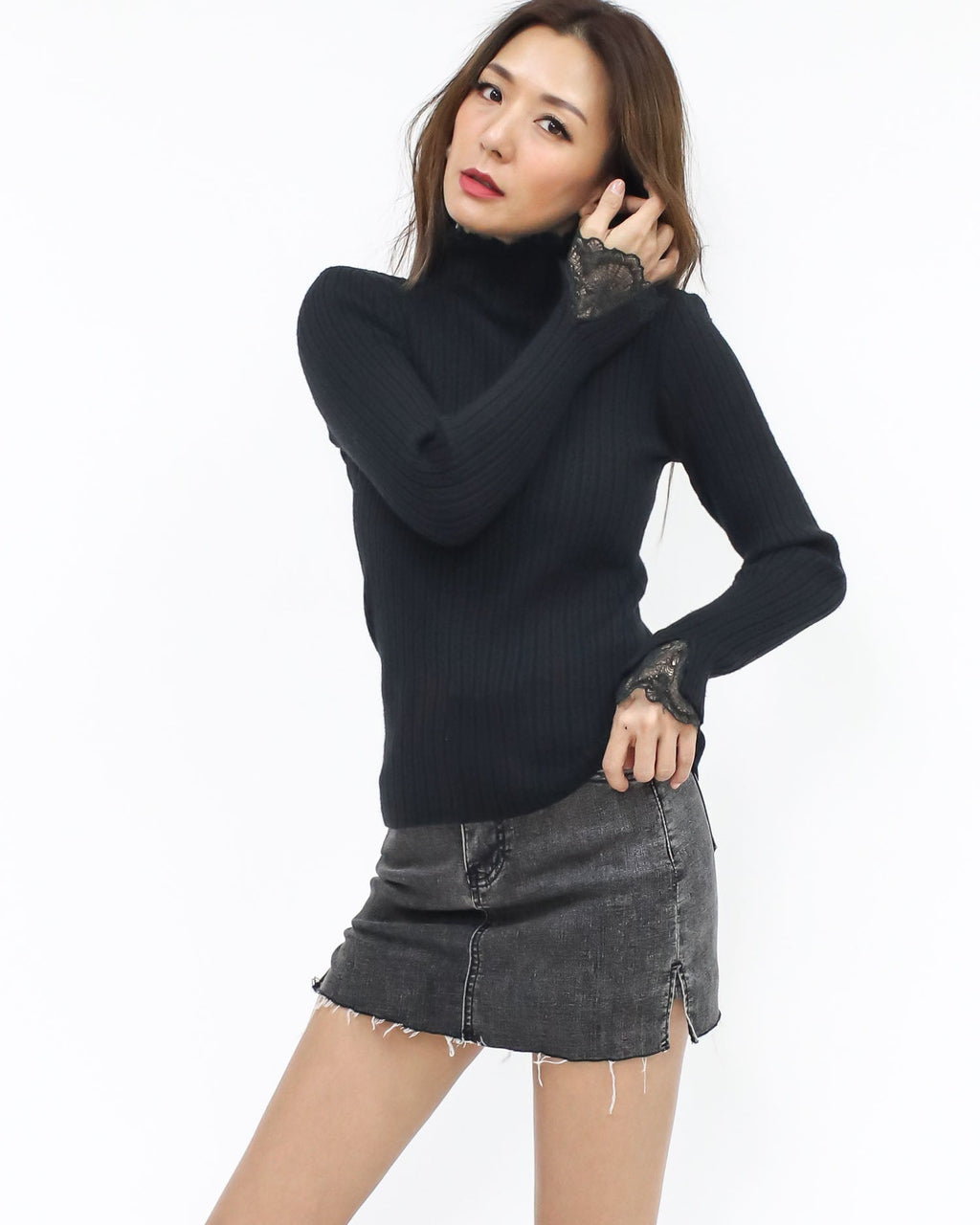 Black lace cuff & high neck knitted top *pre-order*