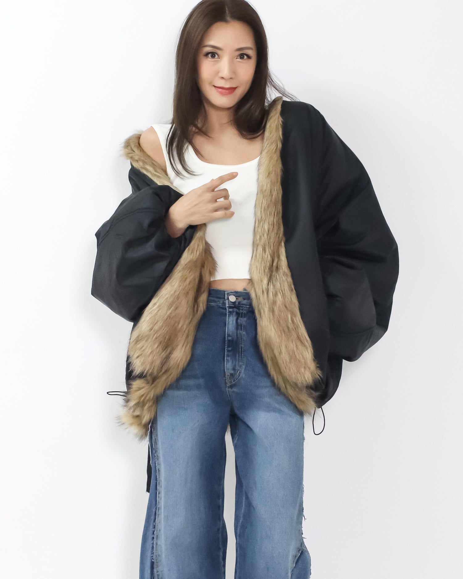 black tech w/ beige faux fur quilted jacket *pre-order