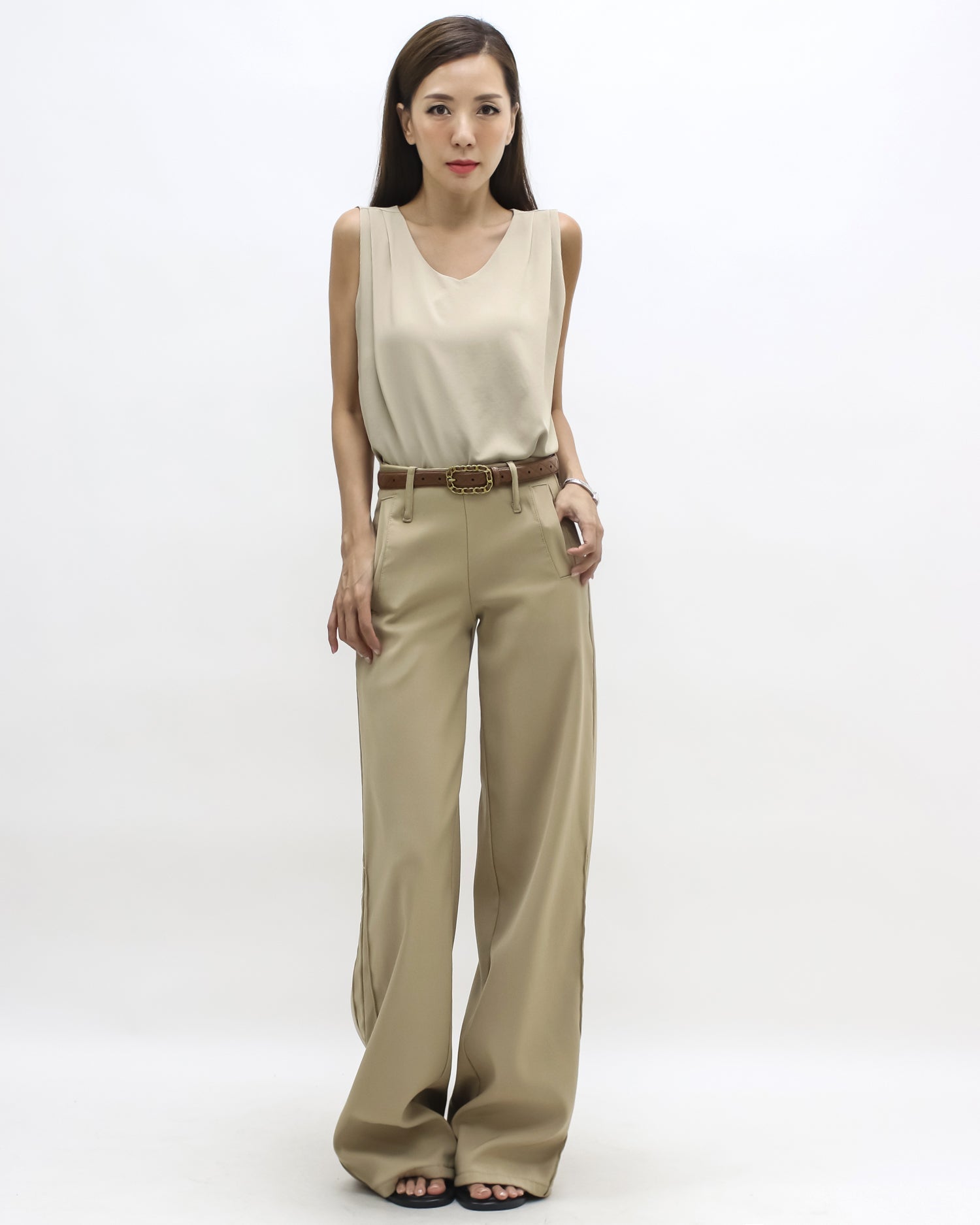 beige pleats front slinky vest