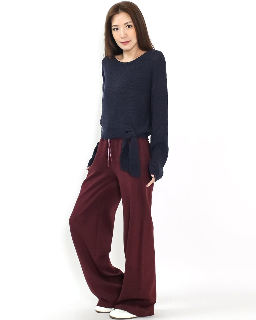 burgundy soft neoprene straight leg pants *pre-order*