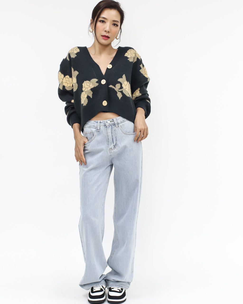 dark grey & yellow printed flowers knitted cardigan *pre-order*