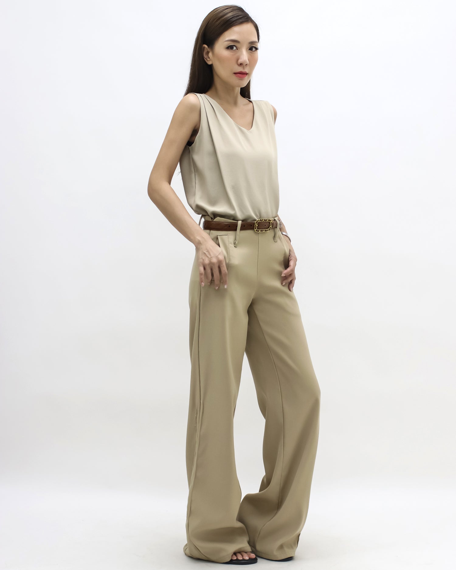 beige pleats front slinky vest