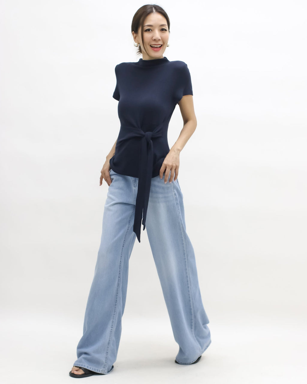 navy wrap front belt high neck knitted top