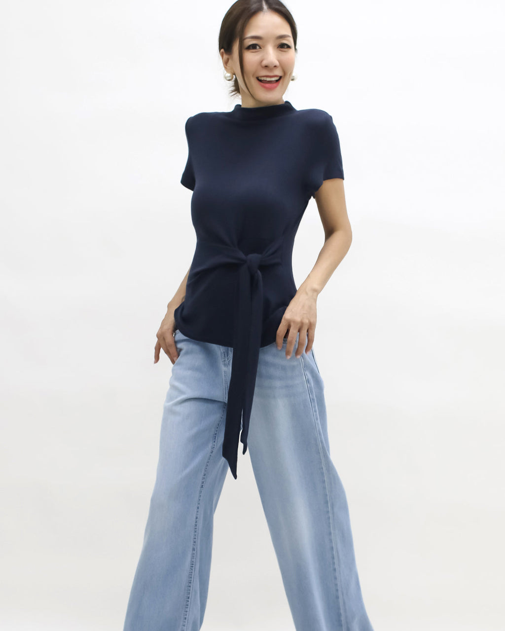 navy wrap front belt high neck knitted top