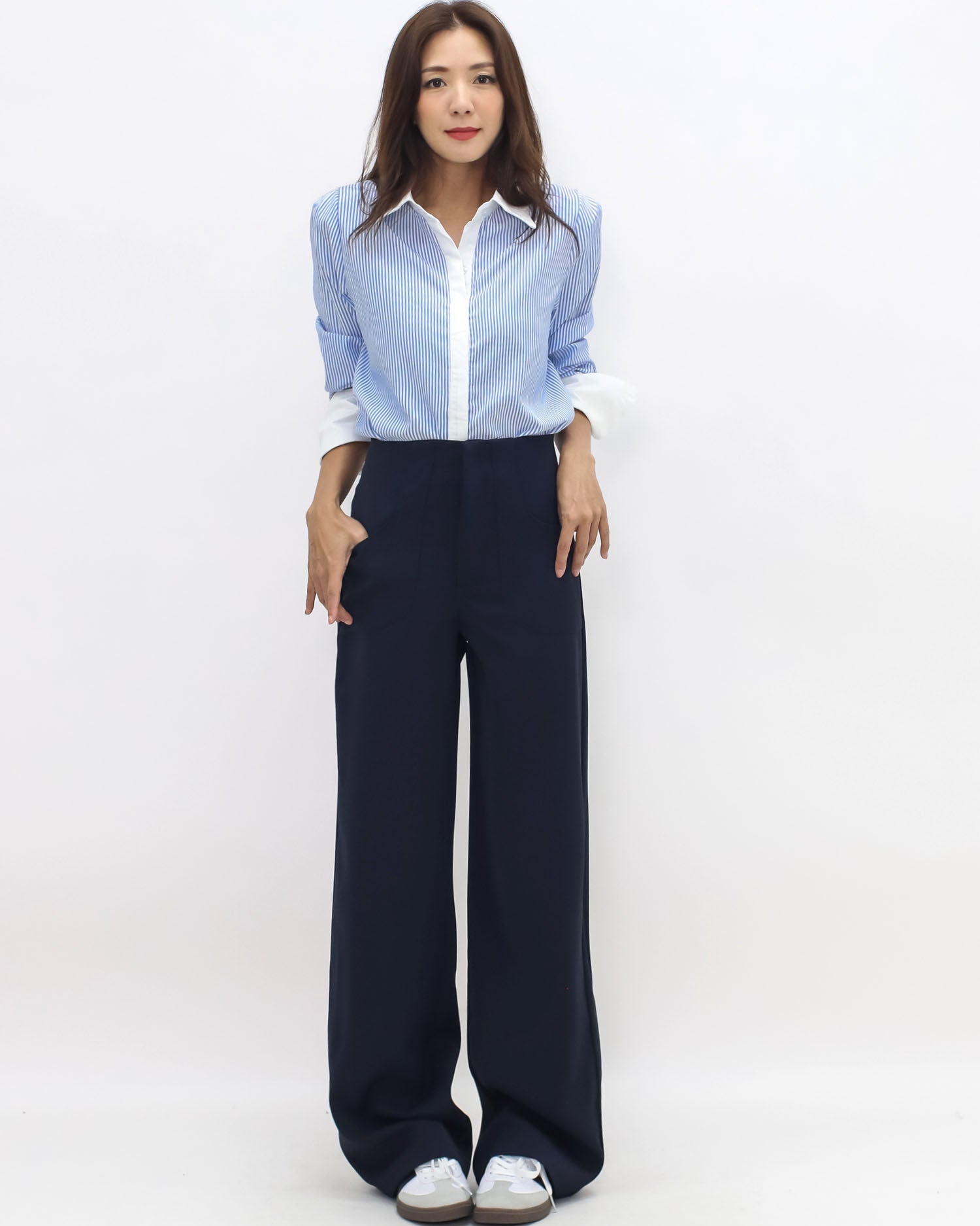 navy soft fabric high waist straight leg pants *pre-order*