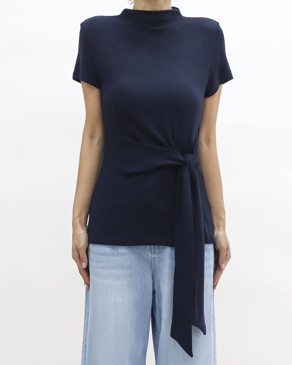navy wrap front belt high neck knitted top