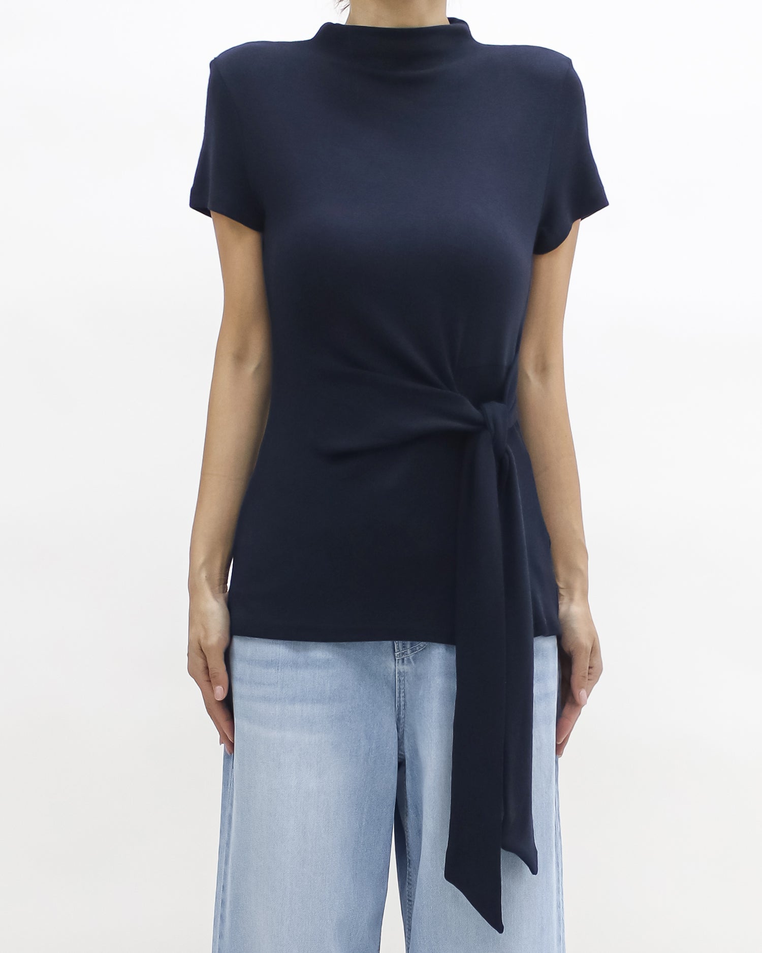 navy wrap front belt high neck knitted top