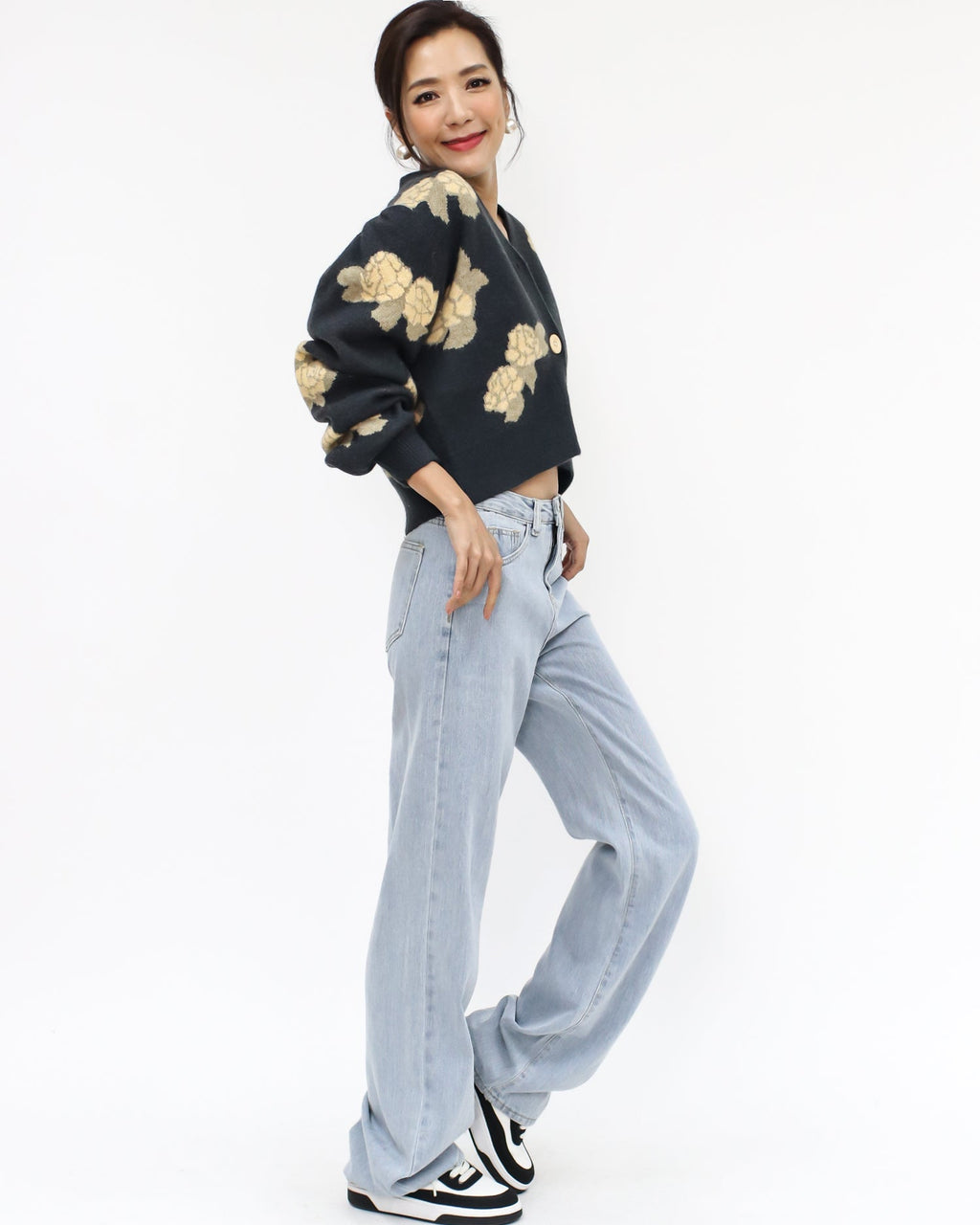 dark grey & yellow printed flowers knitted cardigan *pre-order*