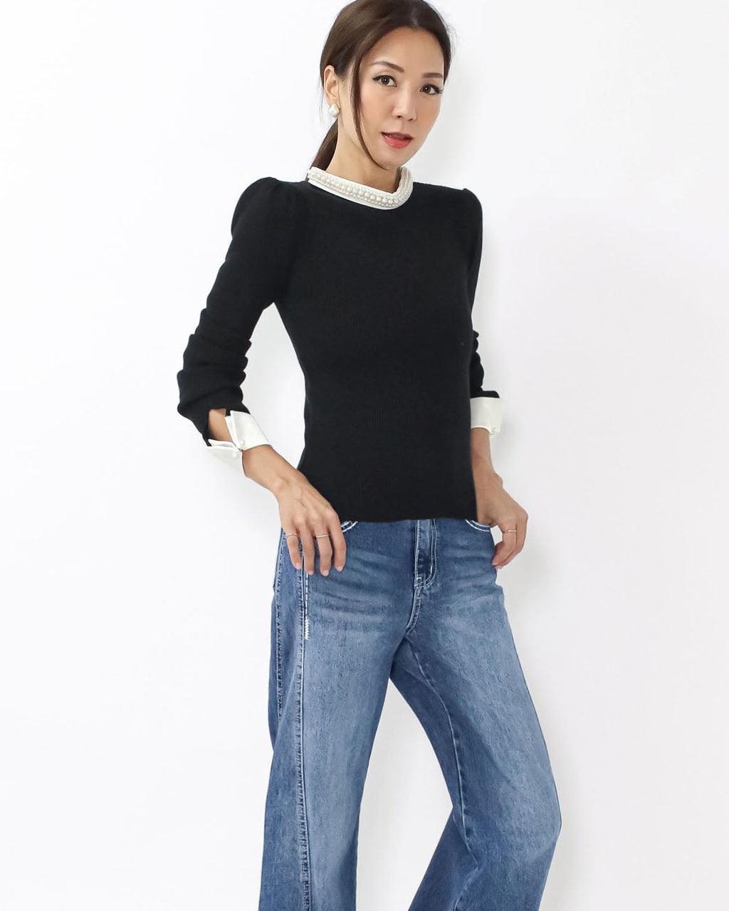 black w/ ivory pearls neckline & cuffs top *pre-order*