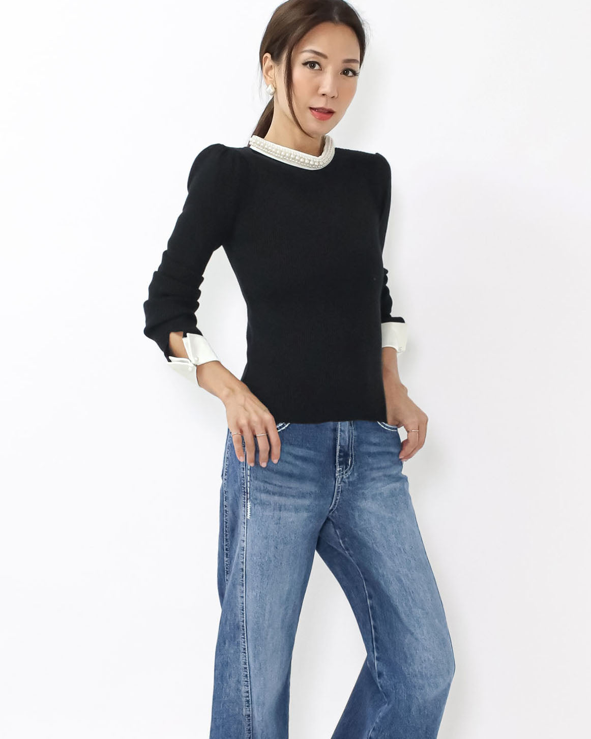 black w/ ivory pearls neckline & cuffs top *pre-order*