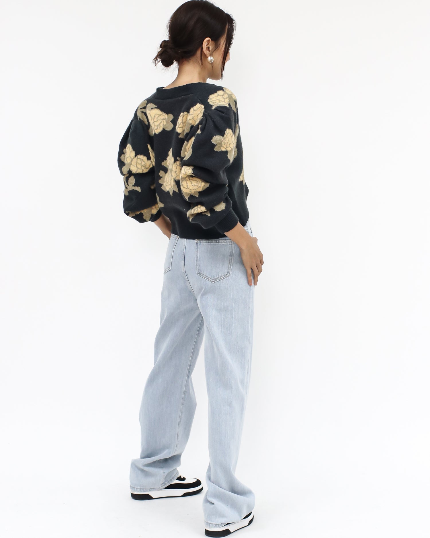 dark grey & yellow printed flowers knitted cardigan *pre-order*