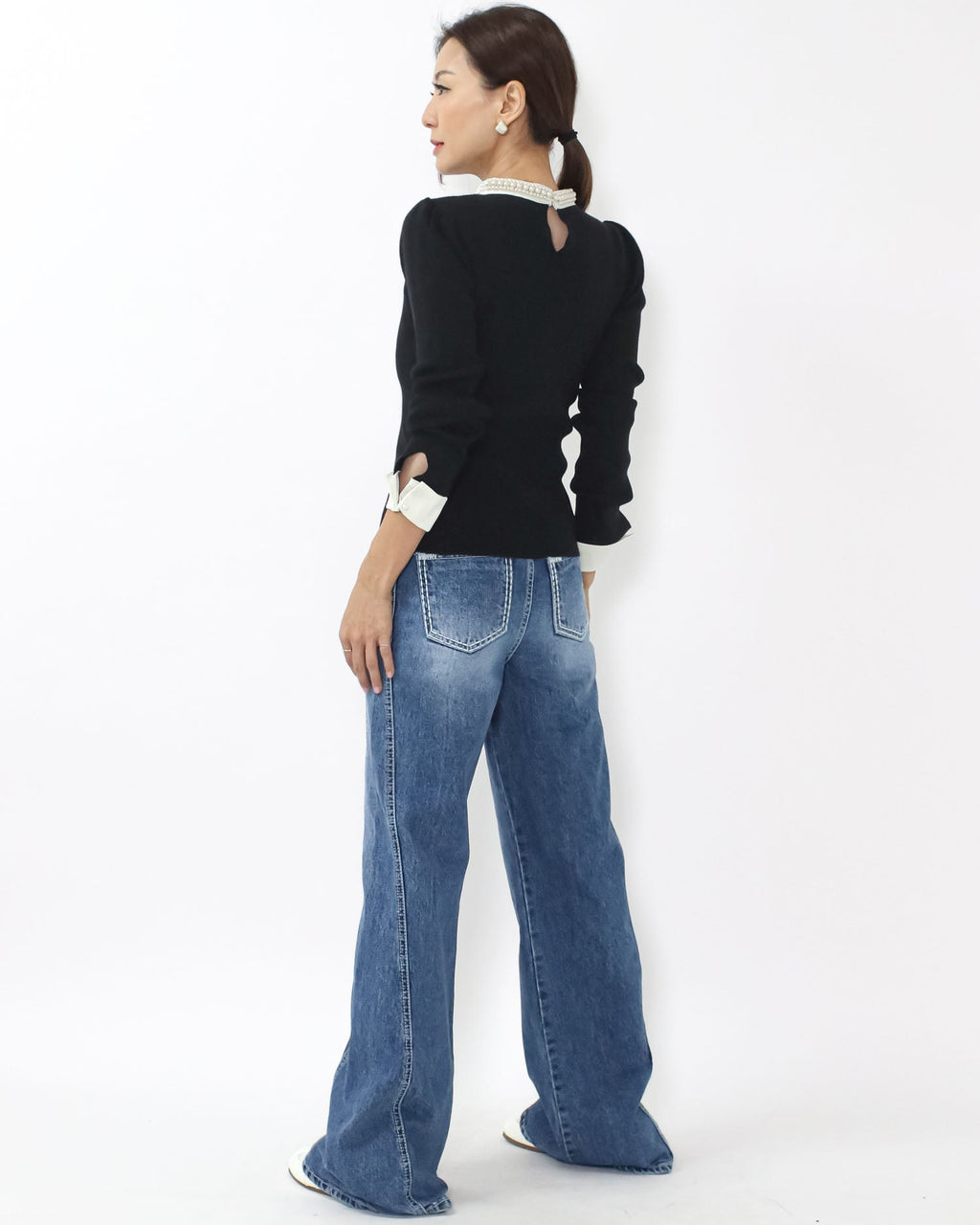 black w/ ivory pearls neckline & cuffs top *pre-order*