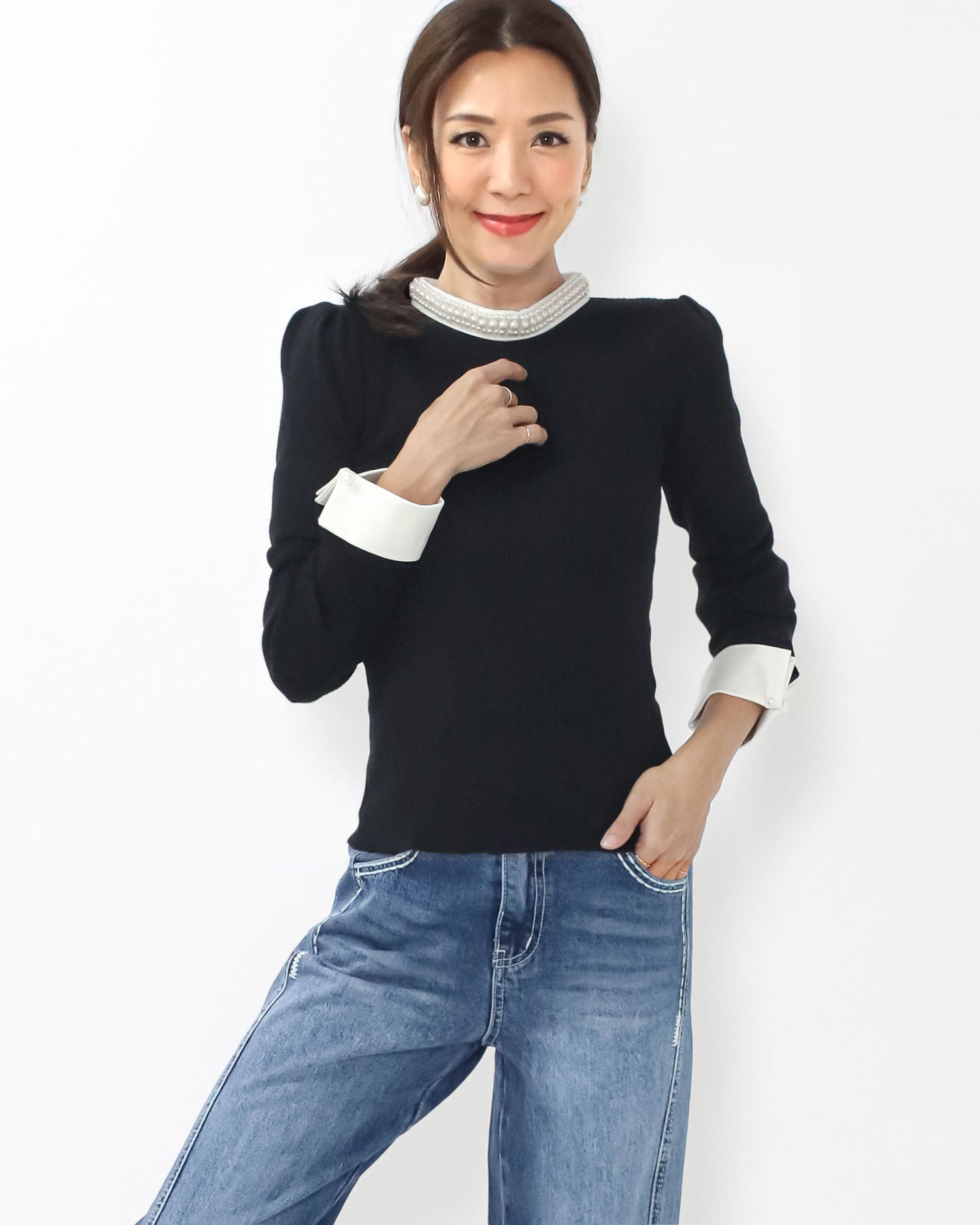 black w/ ivory pearls neckline & cuffs top *pre-order*