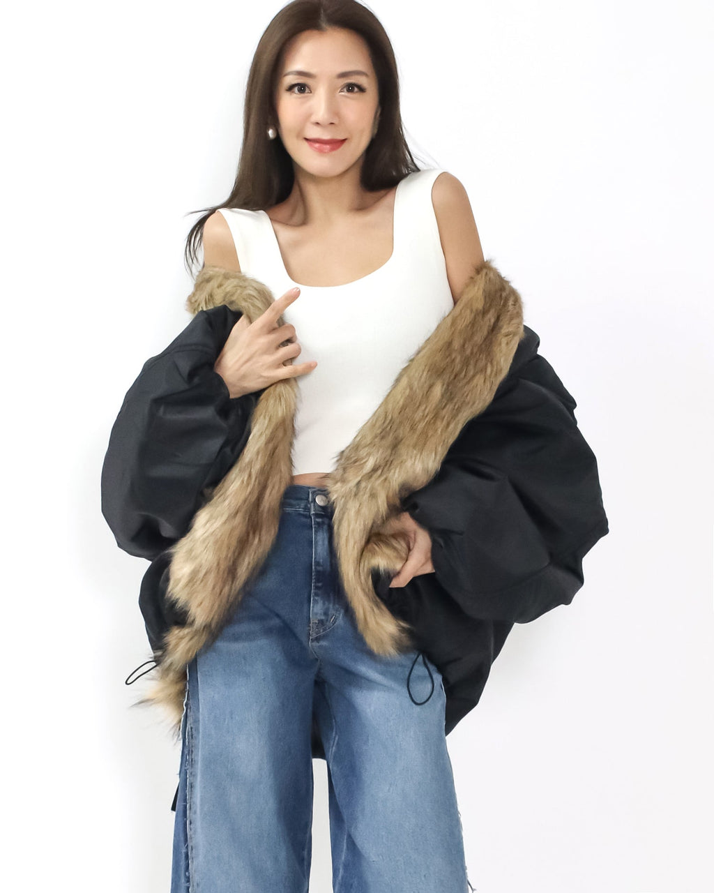 black tech w/ beige faux fur quilted jacket *pre-order