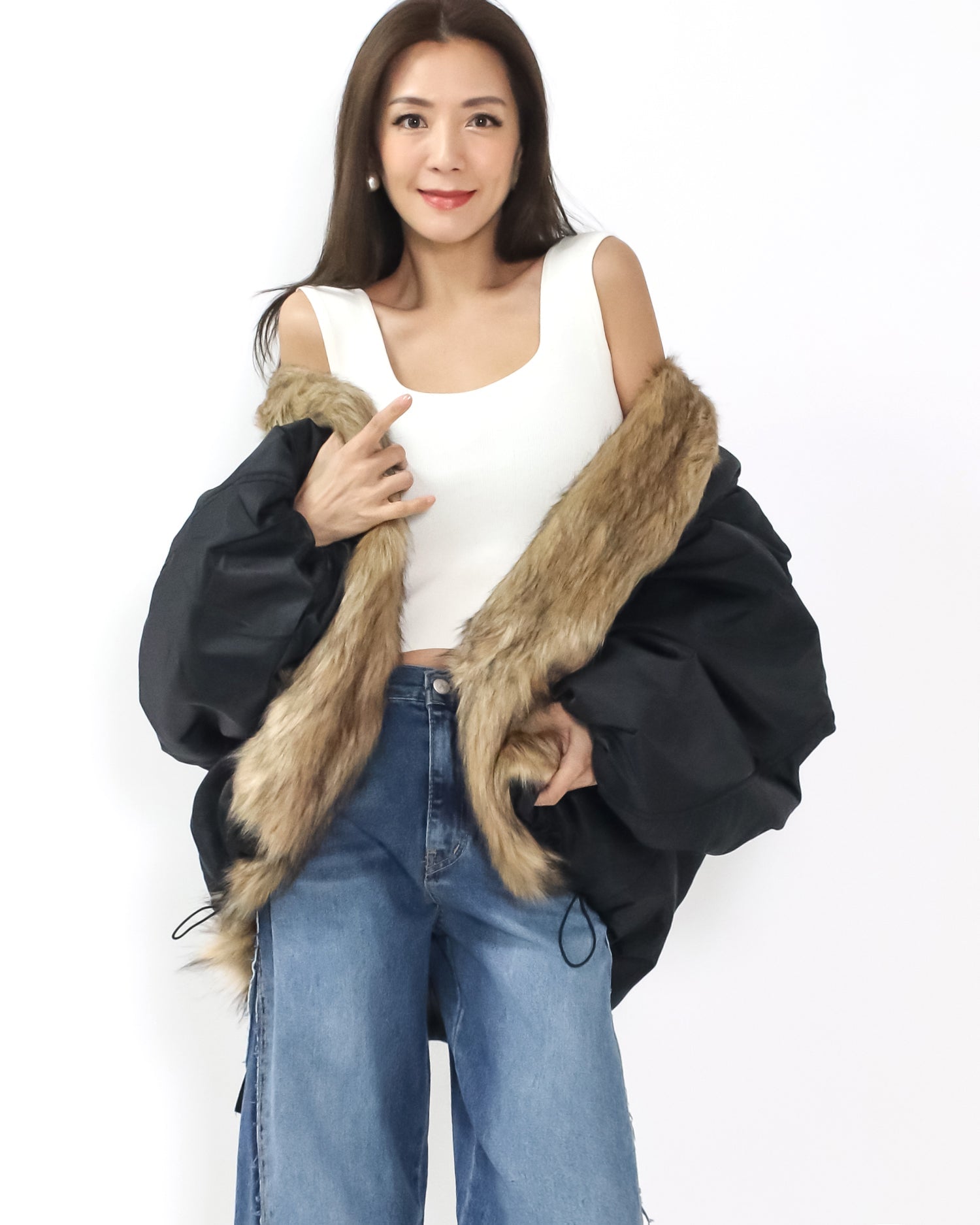 black tech w/ beige faux fur quilted jacket *pre-order