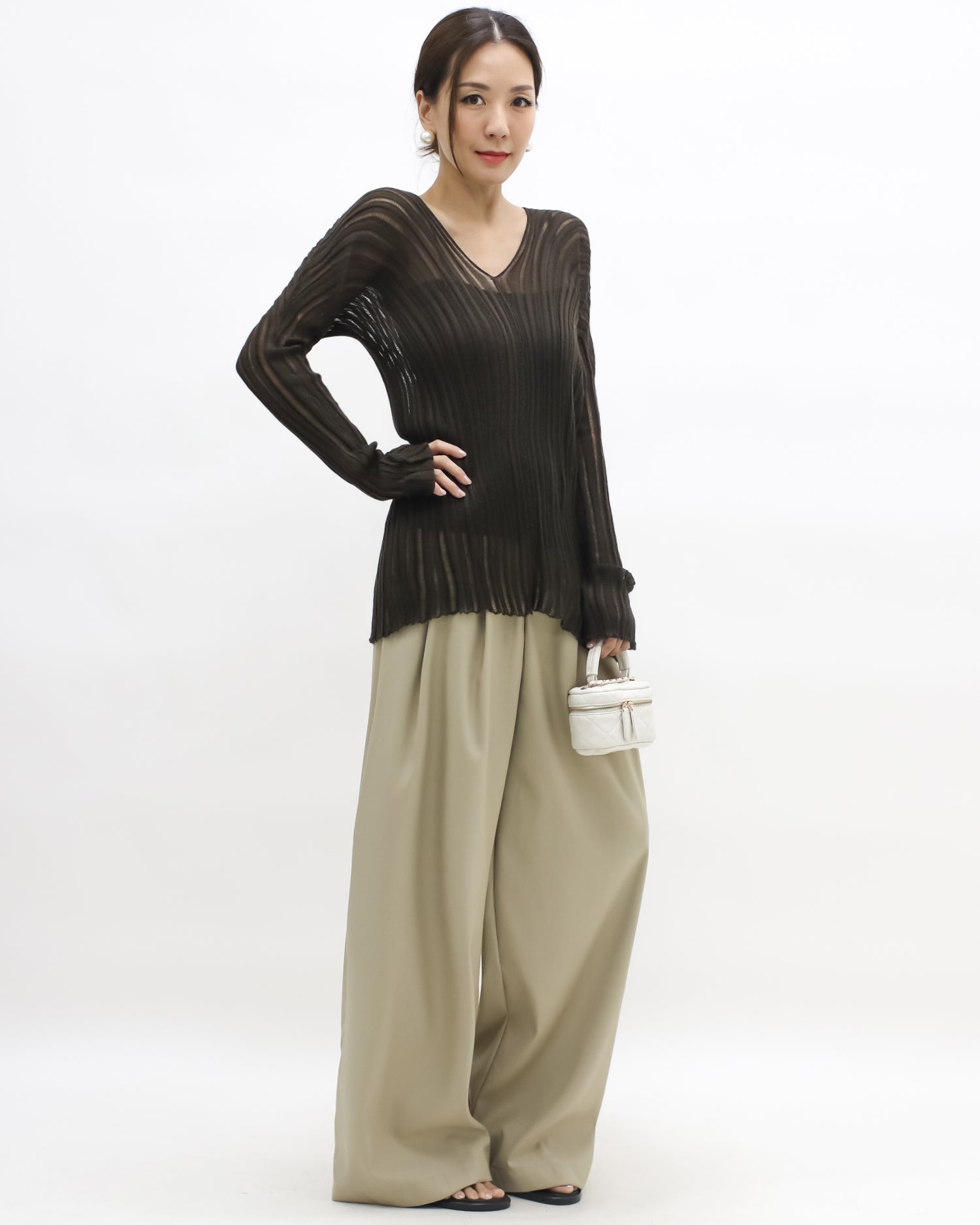 brown V neck striped knitted top