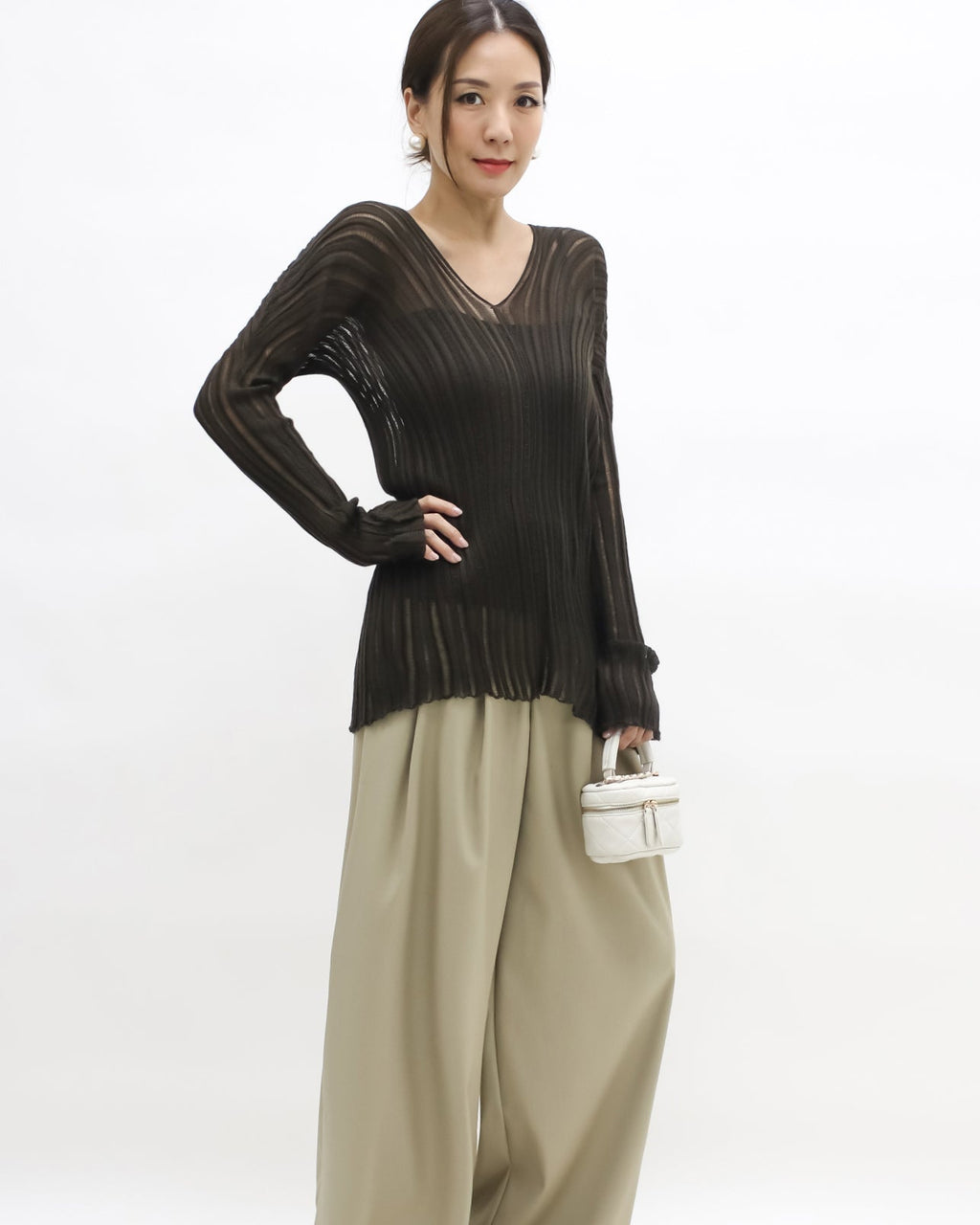 brown V neck striped knitted top