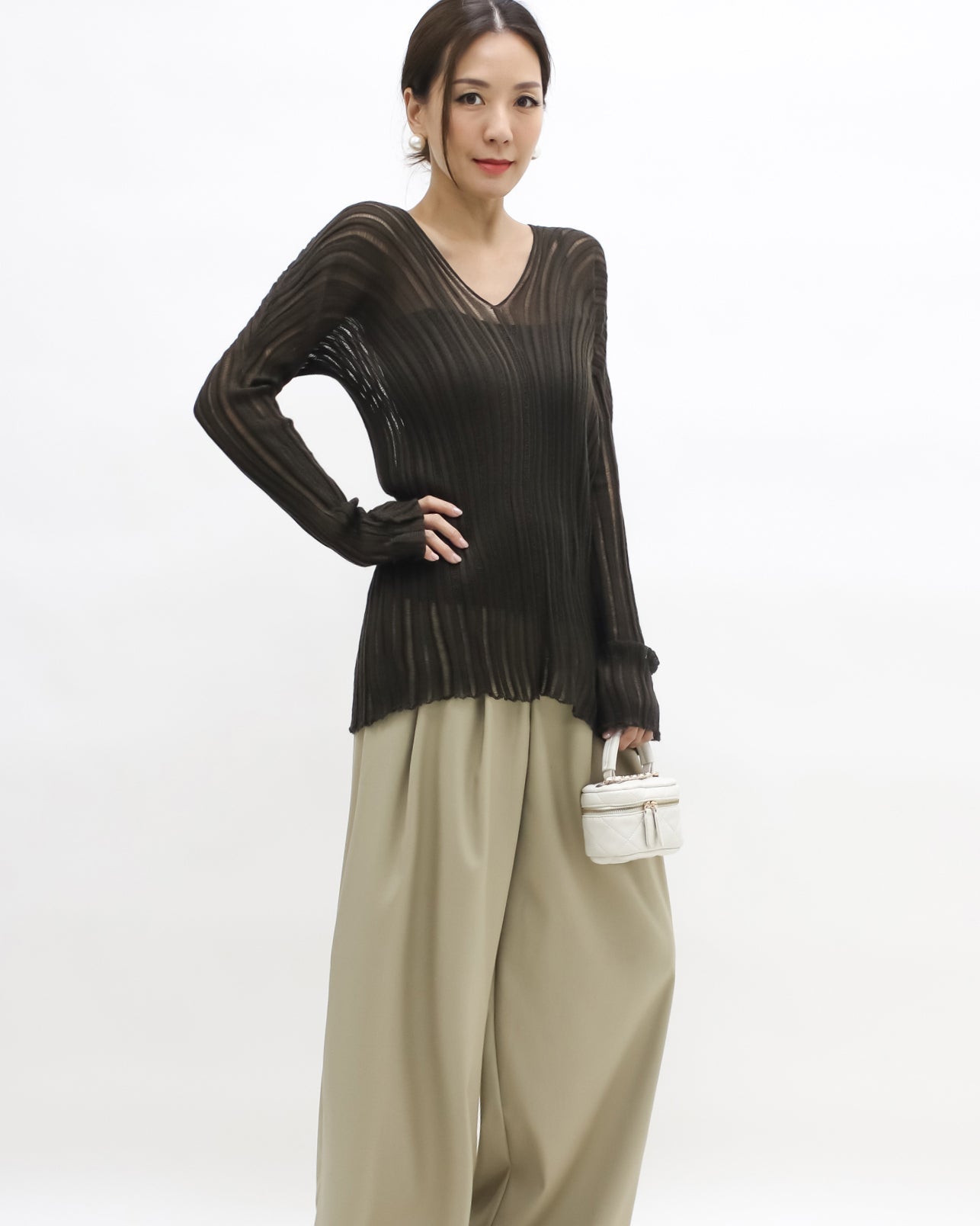 brown V neck striped knitted top