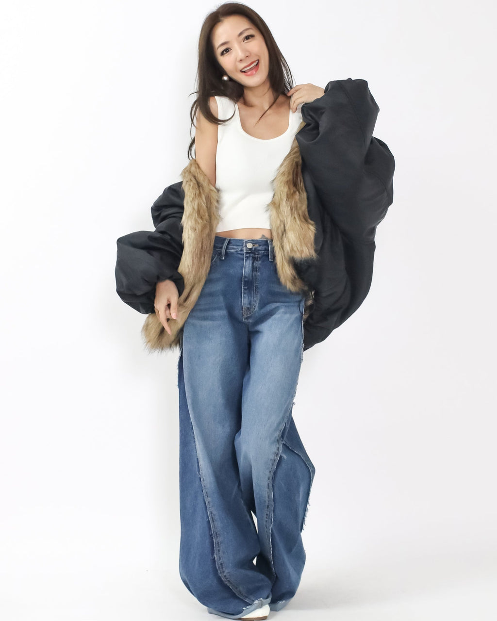 black tech w/ beige faux fur quilted jacket *pre-order