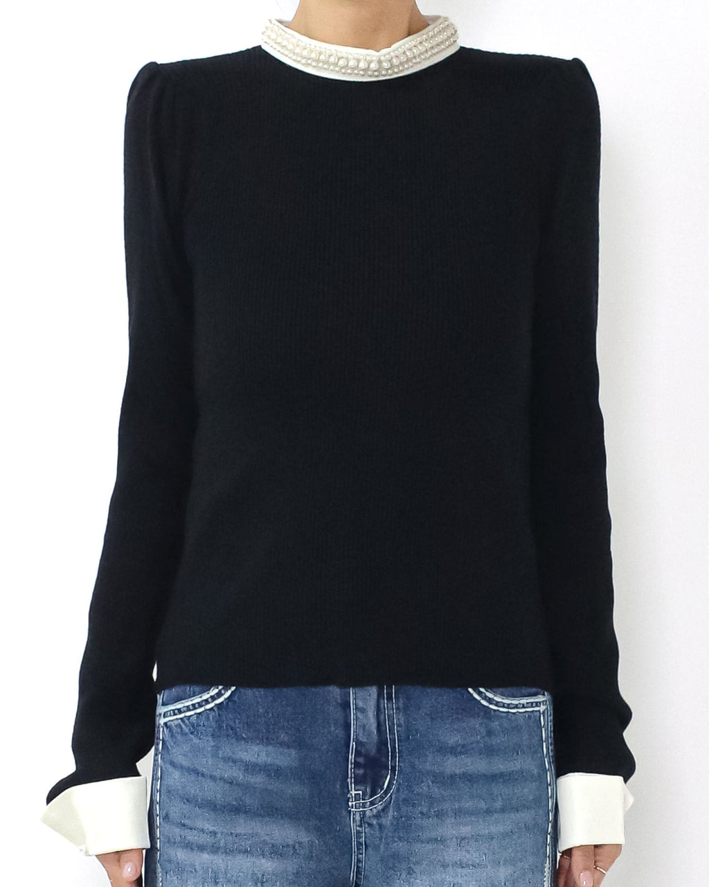 black w/ ivory pearls neckline & cuffs top *pre-order*