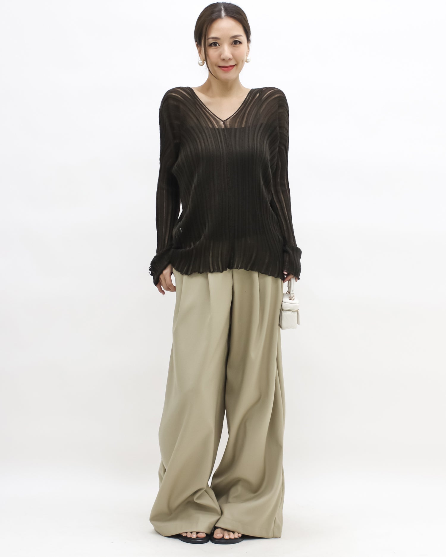 brown V neck striped knitted top