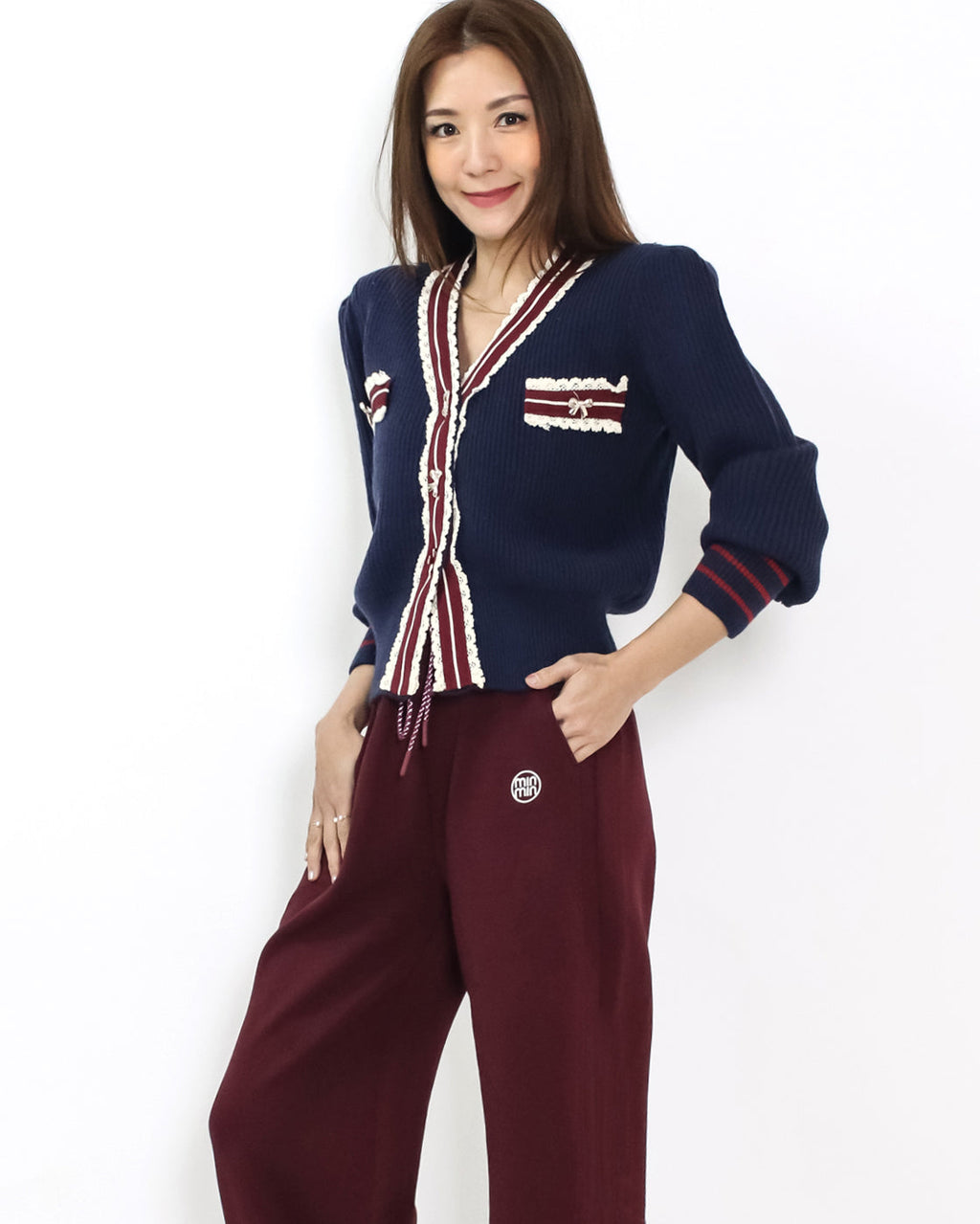 navy w/ burgundy ivory lace trim knitted cardigan *pre-order*