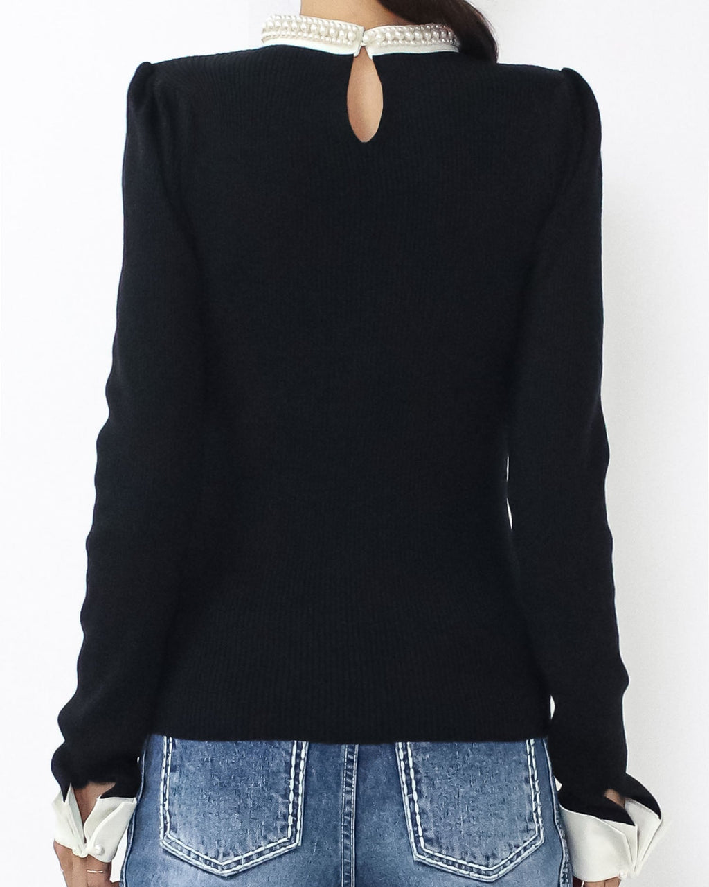 black w/ ivory pearls neckline & cuffs top *pre-order*