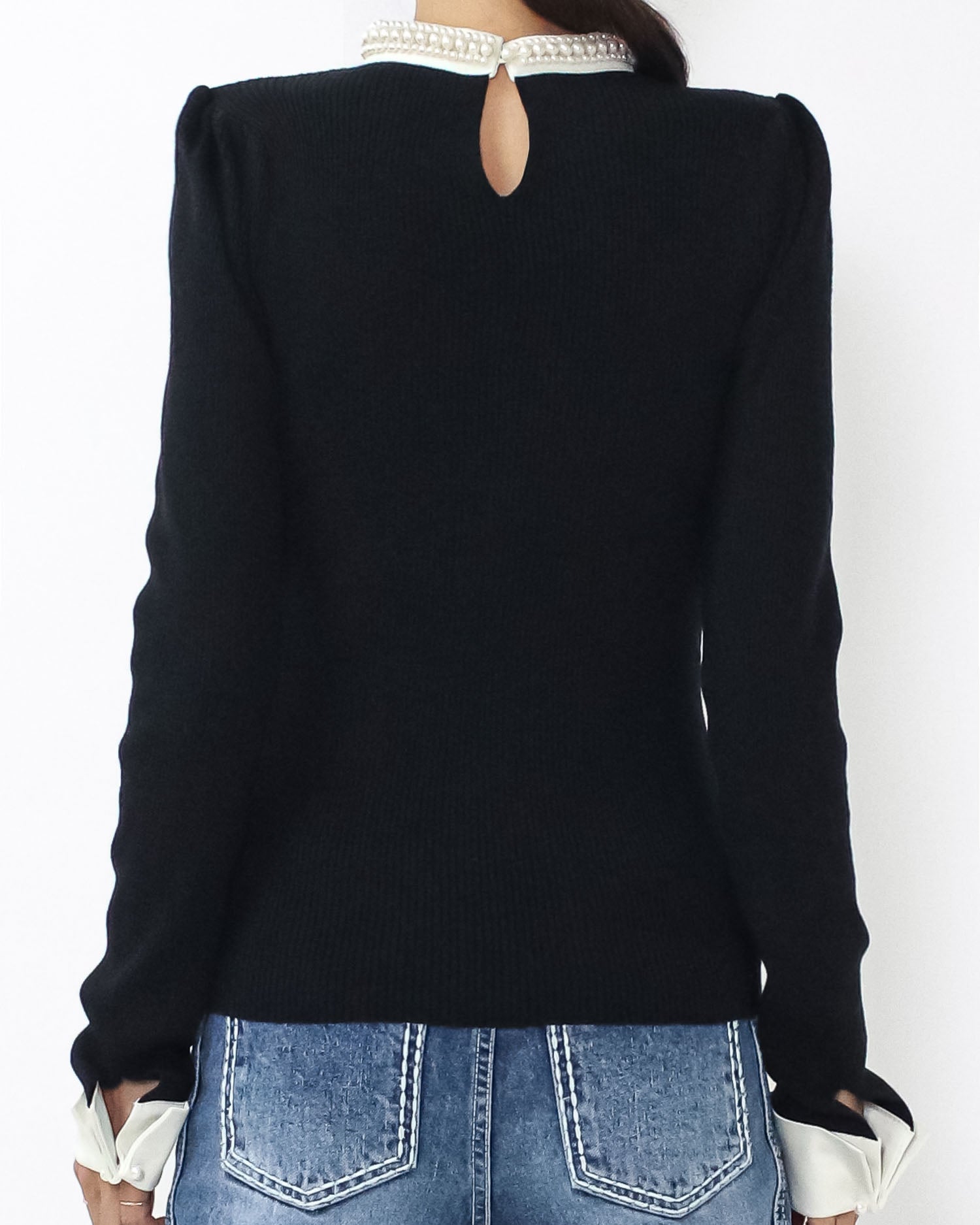 black w/ ivory pearls neckline & cuffs top *pre-order*