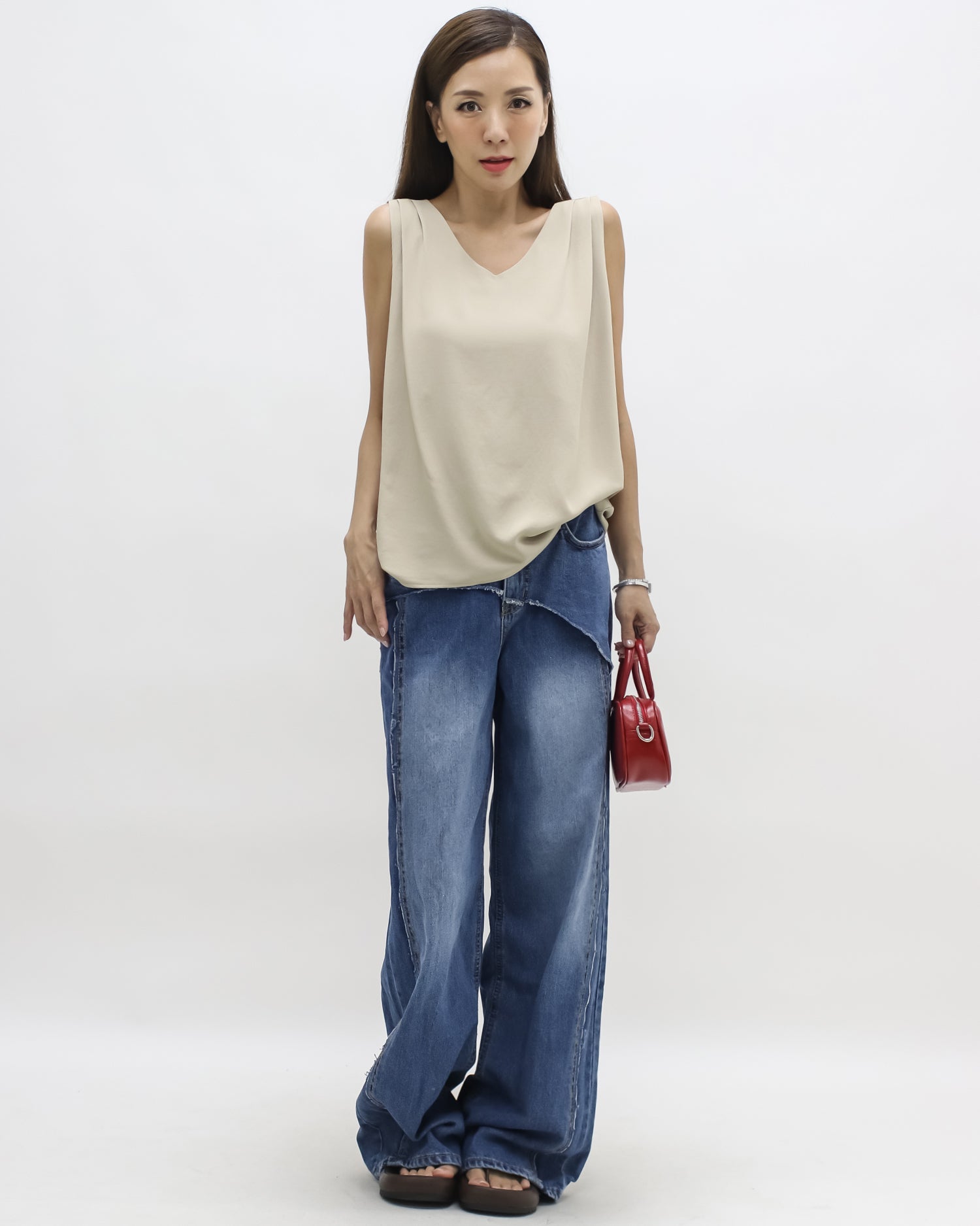 beige pleats front slinky vest