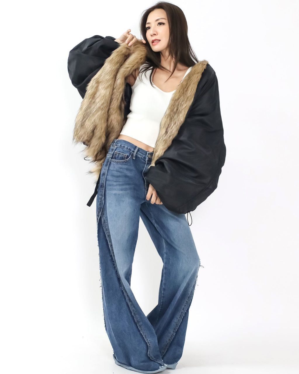 black tech w/ beige faux fur quilted jacket *pre-order