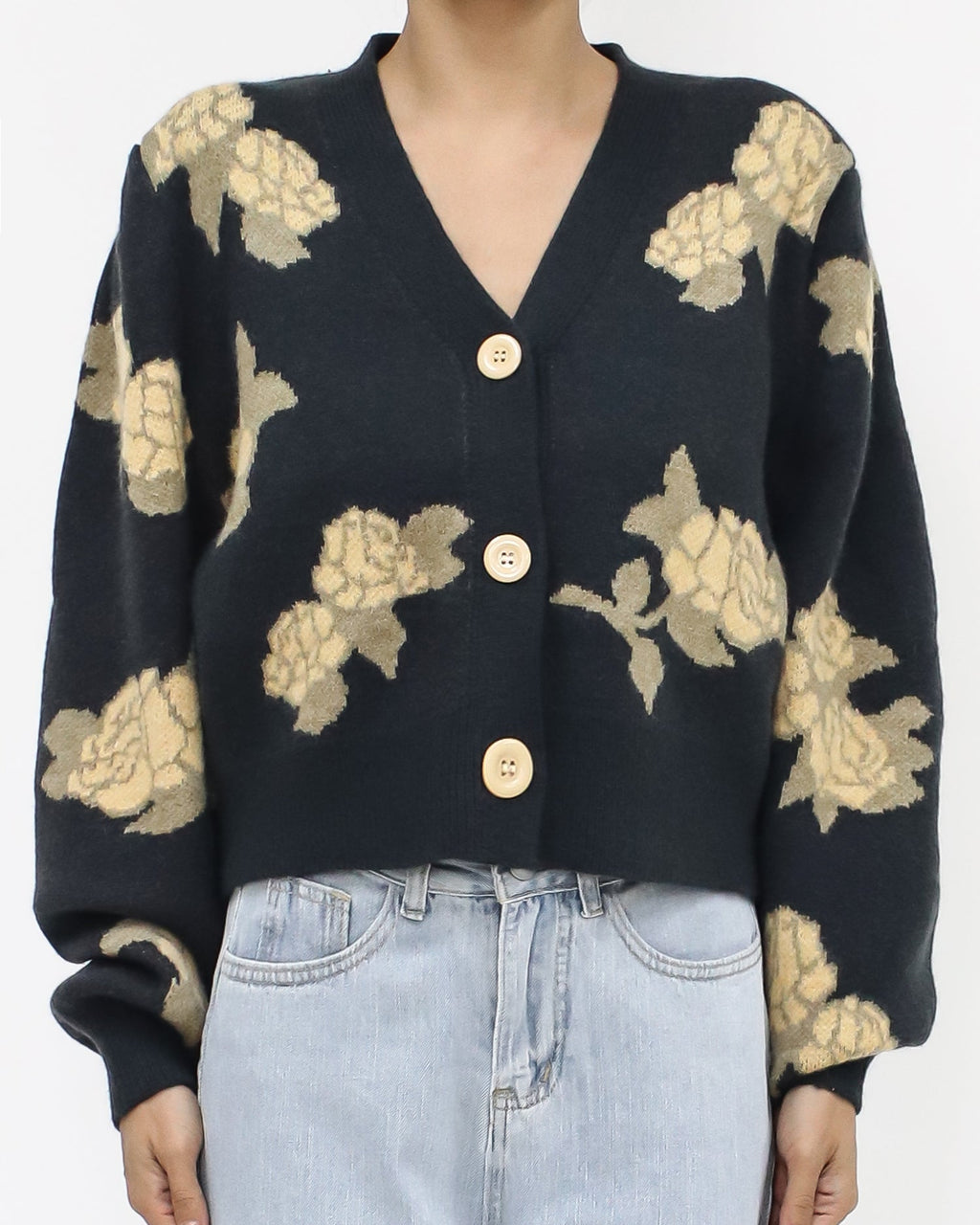 dark grey & yellow printed flowers knitted cardigan *pre-order*