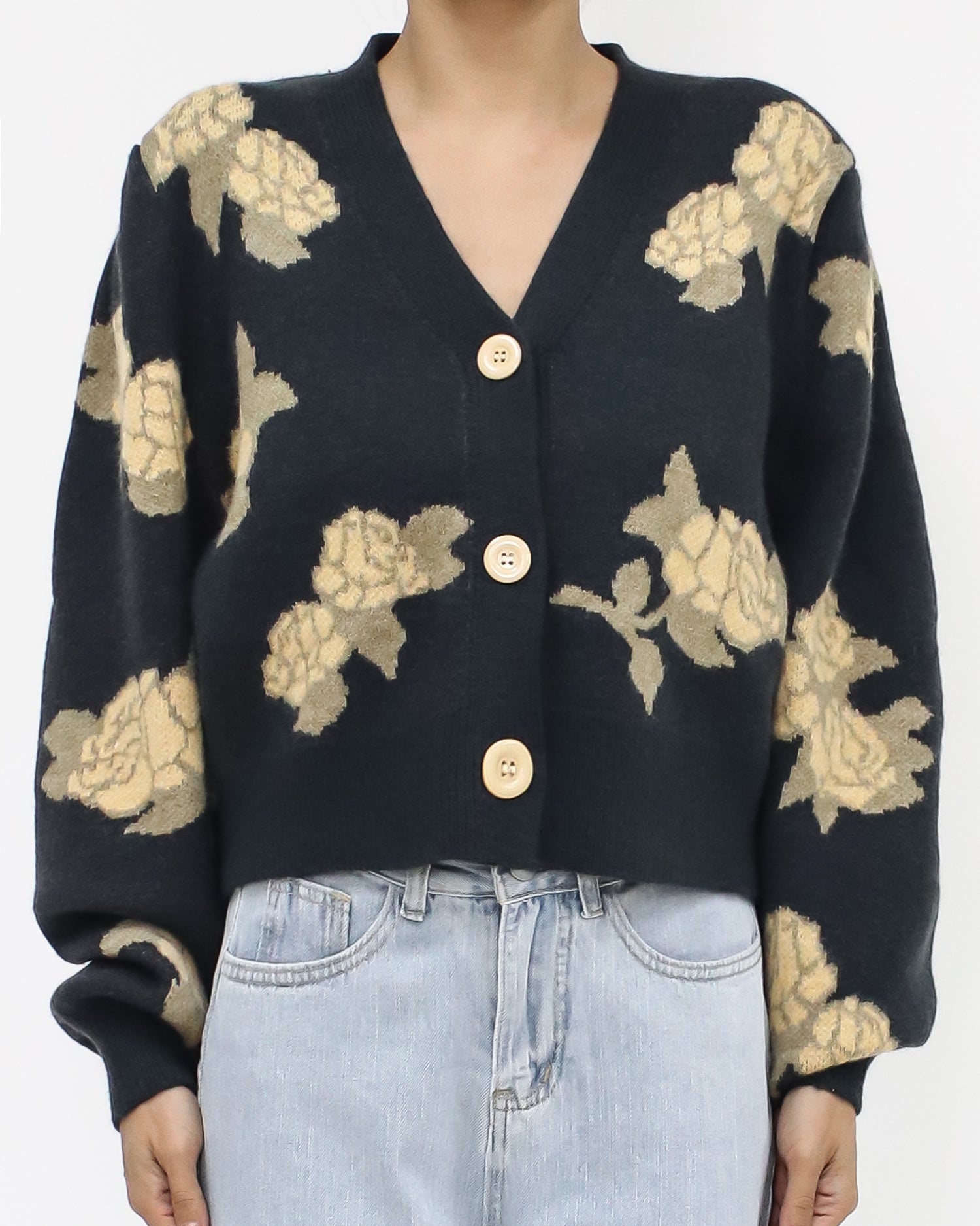 dark grey & yellow printed flowers knitted cardigan *pre-order*